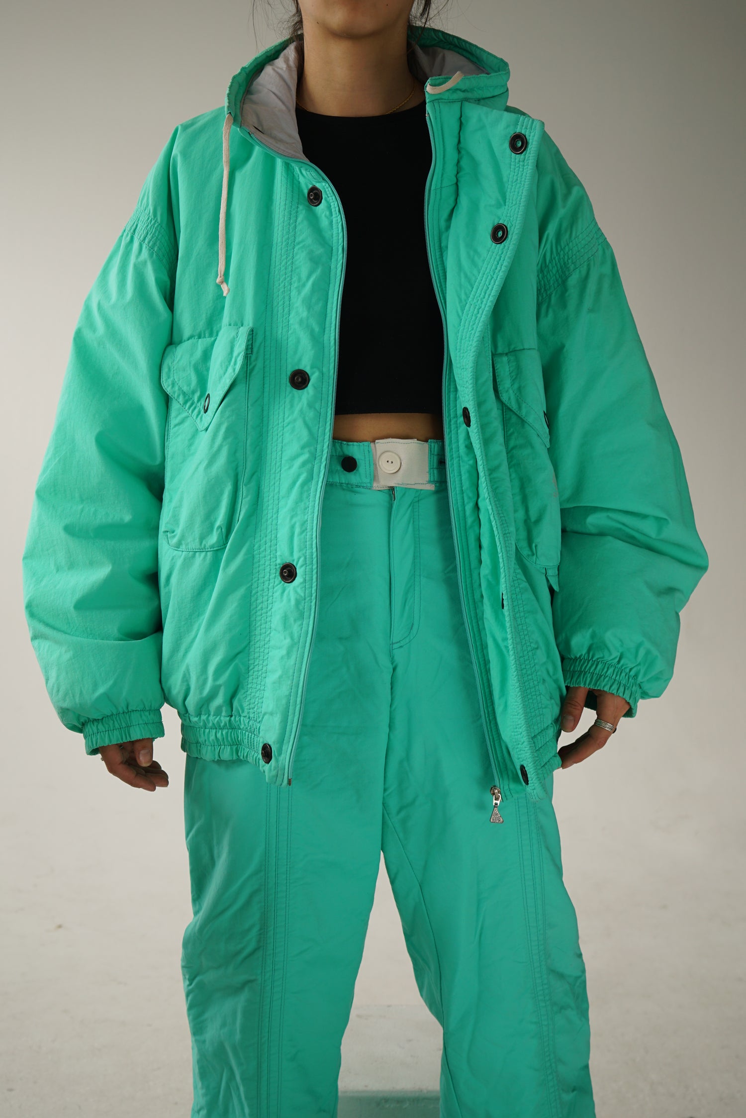 Vintage two piece ski suit, turquoise snow suit size 40