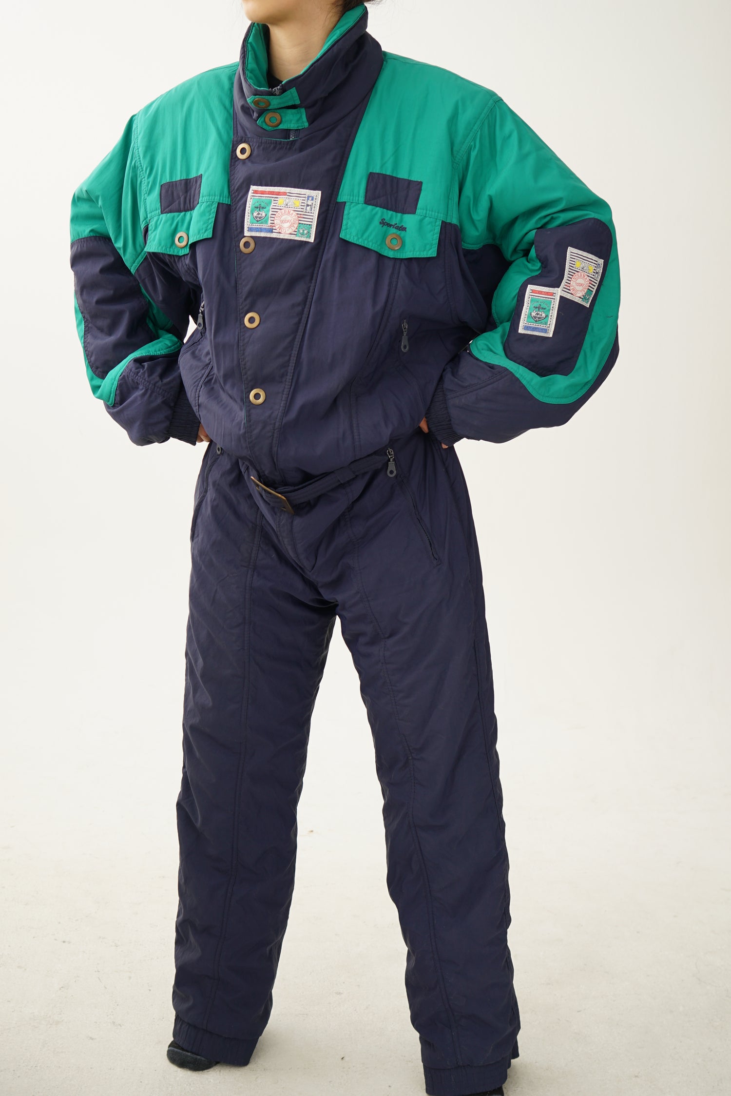 Vintage one piece Sportalm ski suit, bleu and green retro snow suit size 54 XL