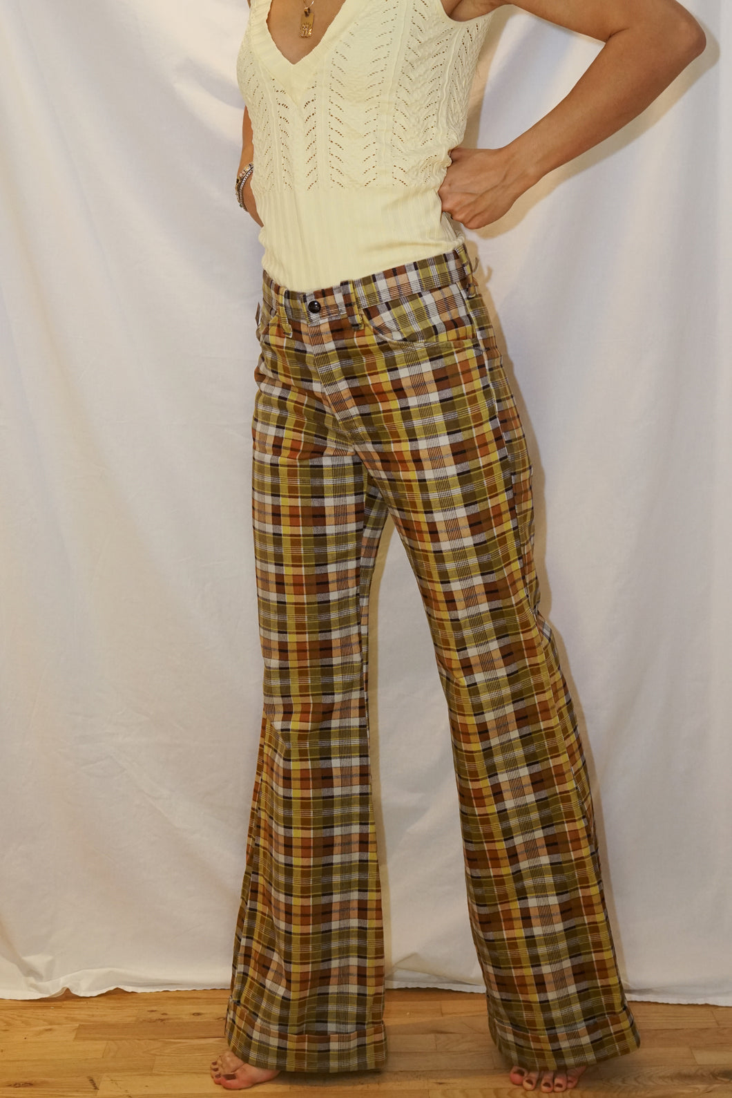 Pantalon éléphant vintage 70s 100% coton carotté jaune et brun taille 27