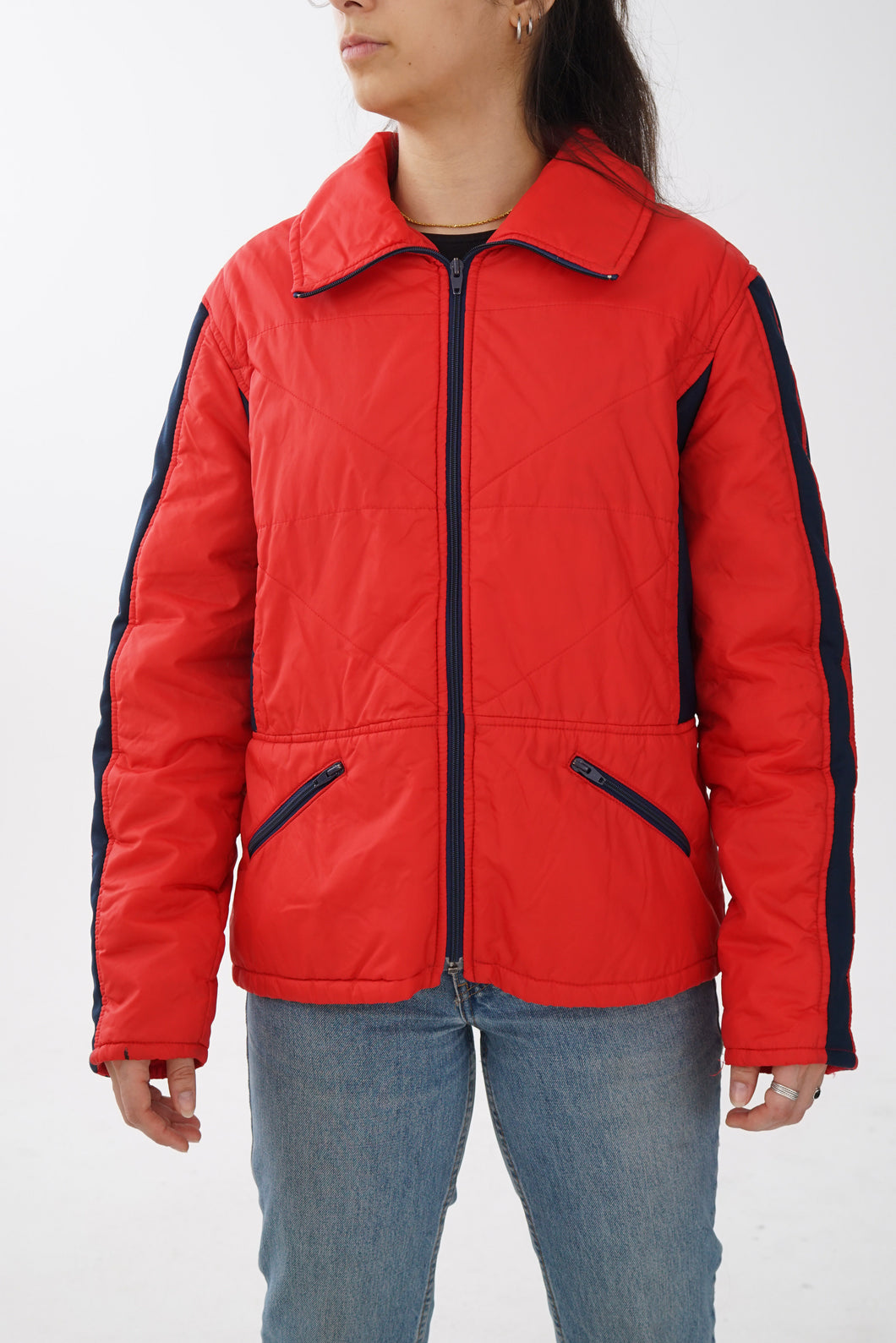 Manteau rétro 60s Cyclone rouge avec accent bleu foncé taille 42 (M)