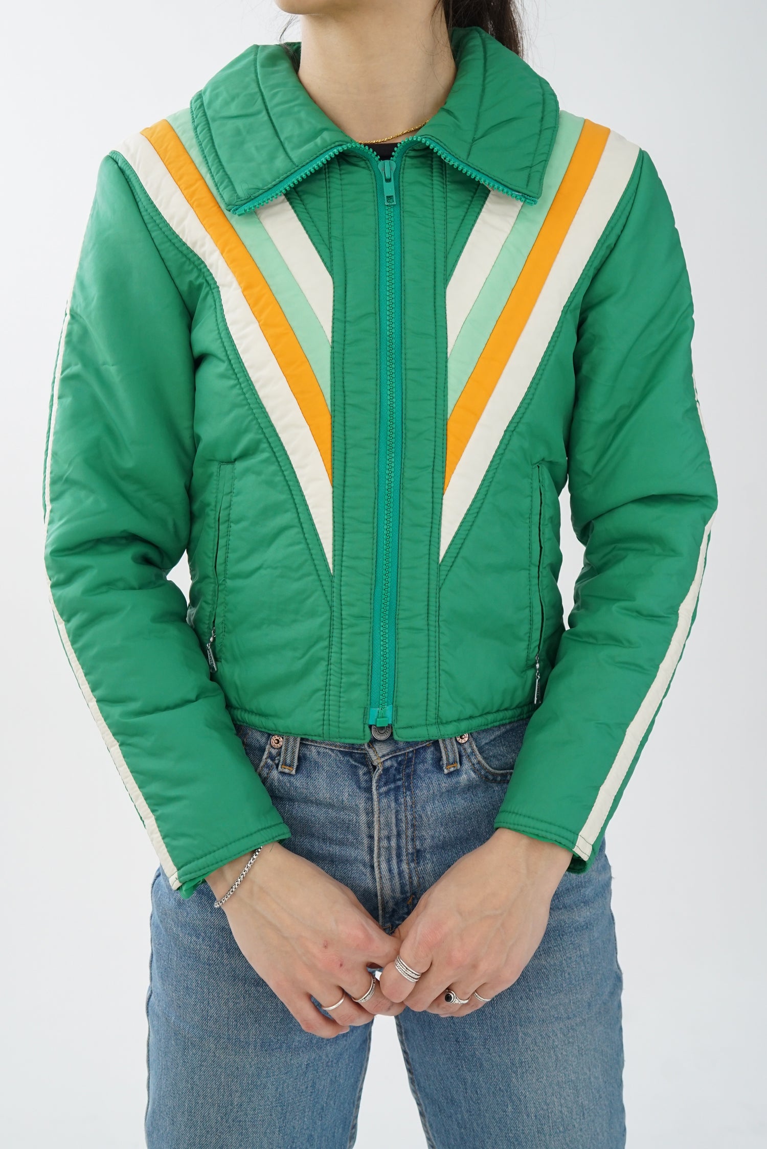 Manteau vintage 70s Aspen vert avec ligne jaune et blanche pour femme taille XS
