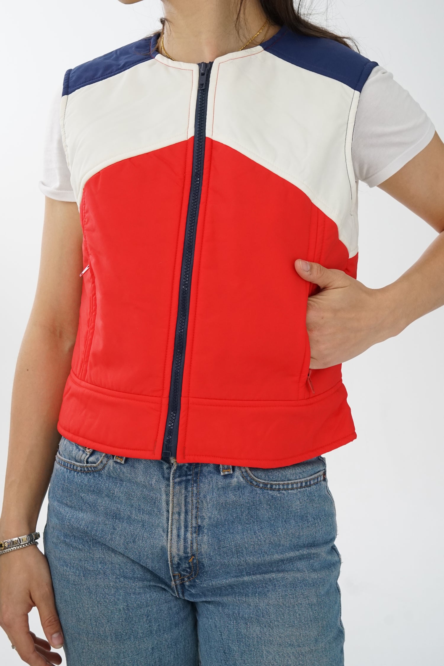 Veste sans manche vintage rouge, bleu et blanc Lift 7 pour femme taille S