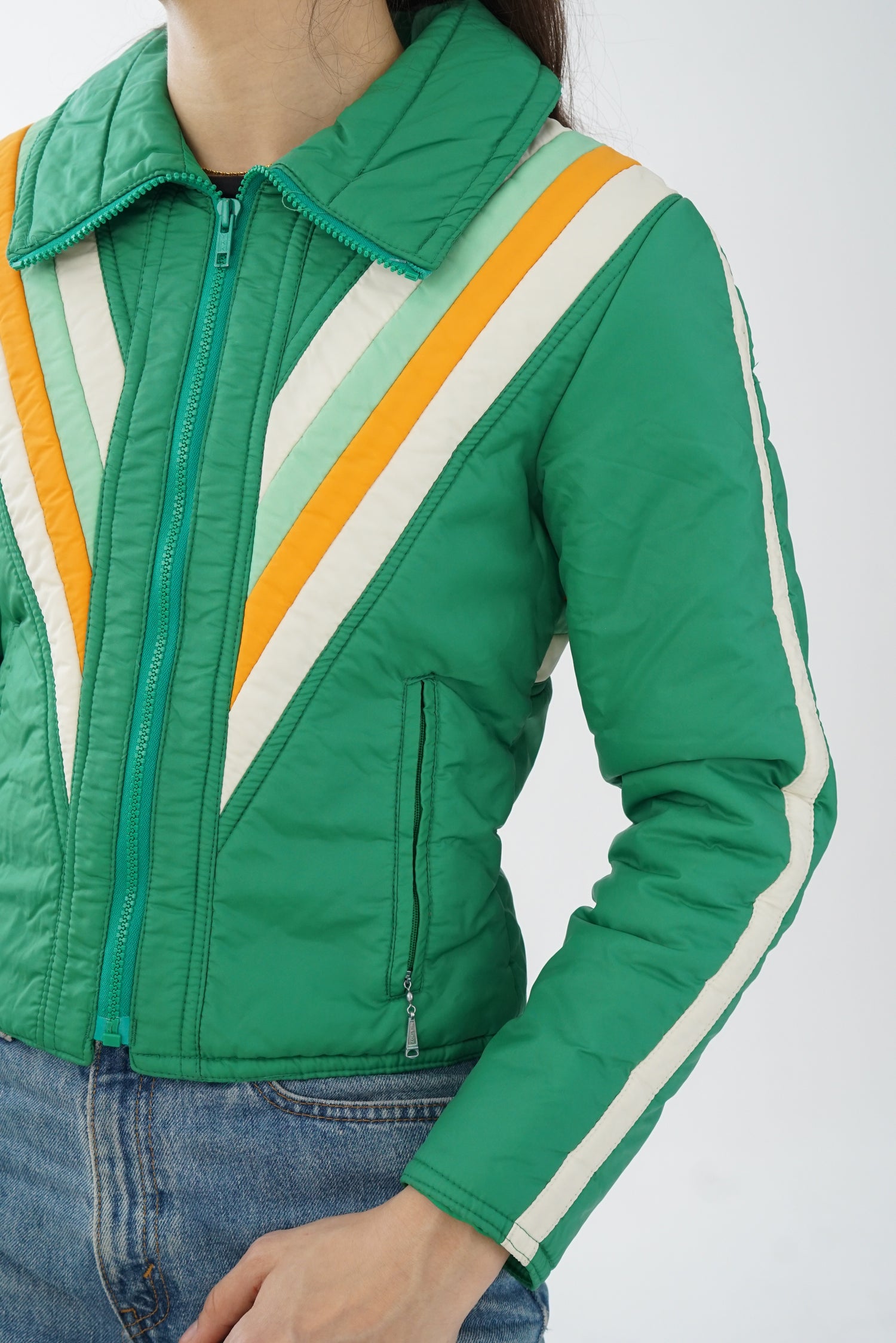 Manteau vintage 70s Aspen vert avec ligne jaune et blanche pour femme taille XS