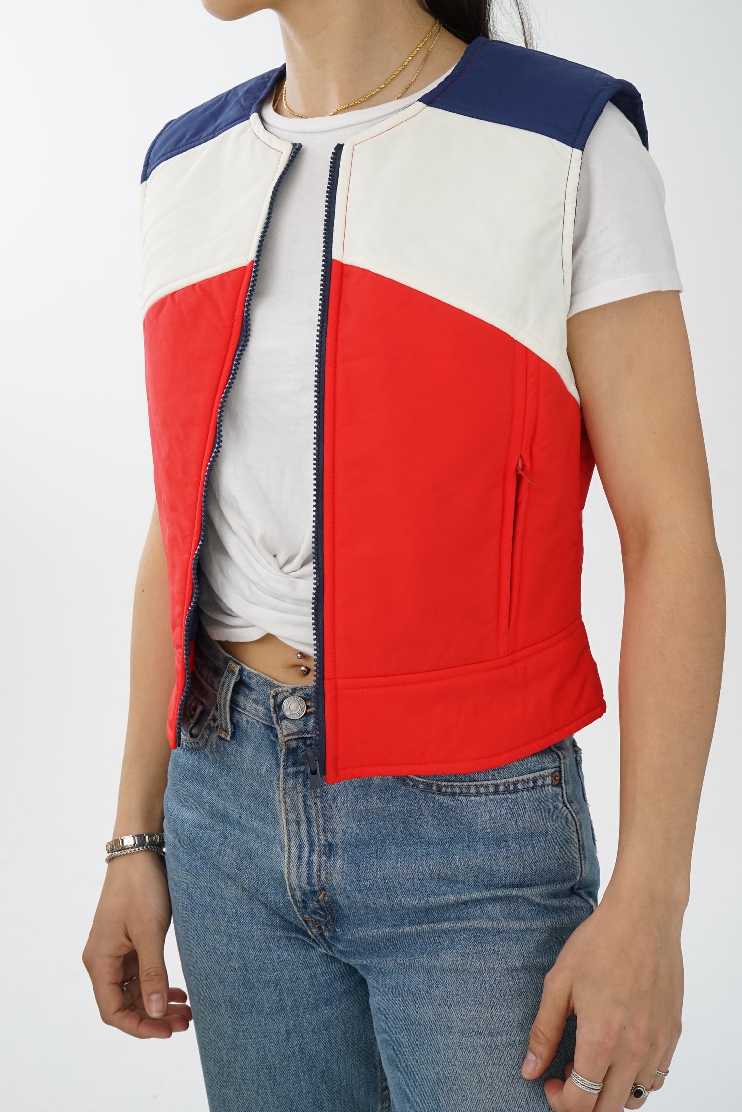 Veste sans manche vintage rouge, bleu et blanc Lift 7 pour femme taille S