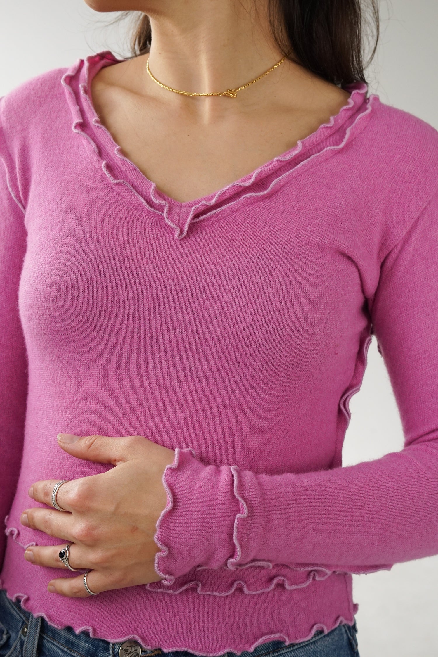 Anne Elisabeth haut laine tricot col en v rose T.2 (XS-S)