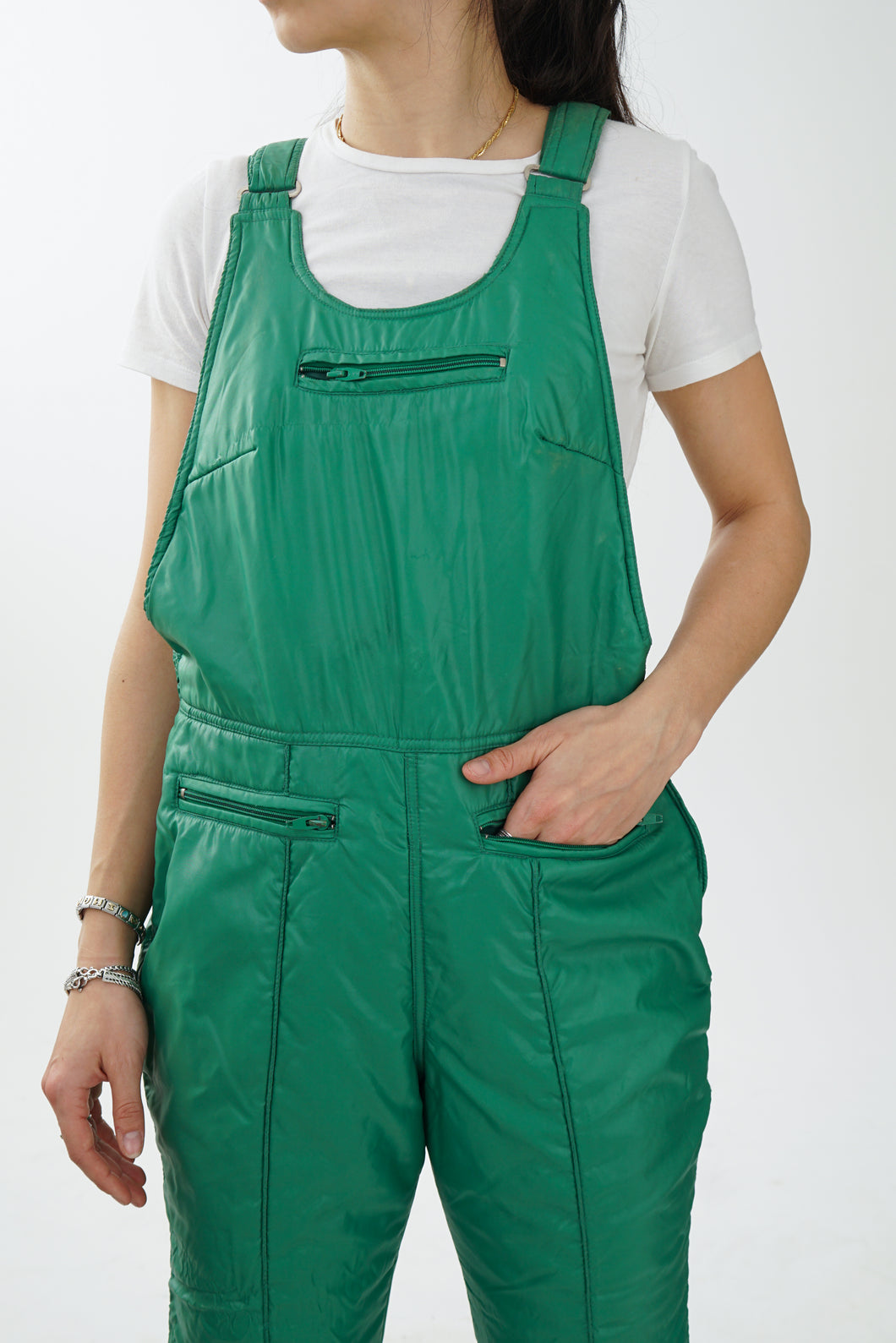 Pantalon de neige salopette vintage Americana vert pour femme taille 16 (L)