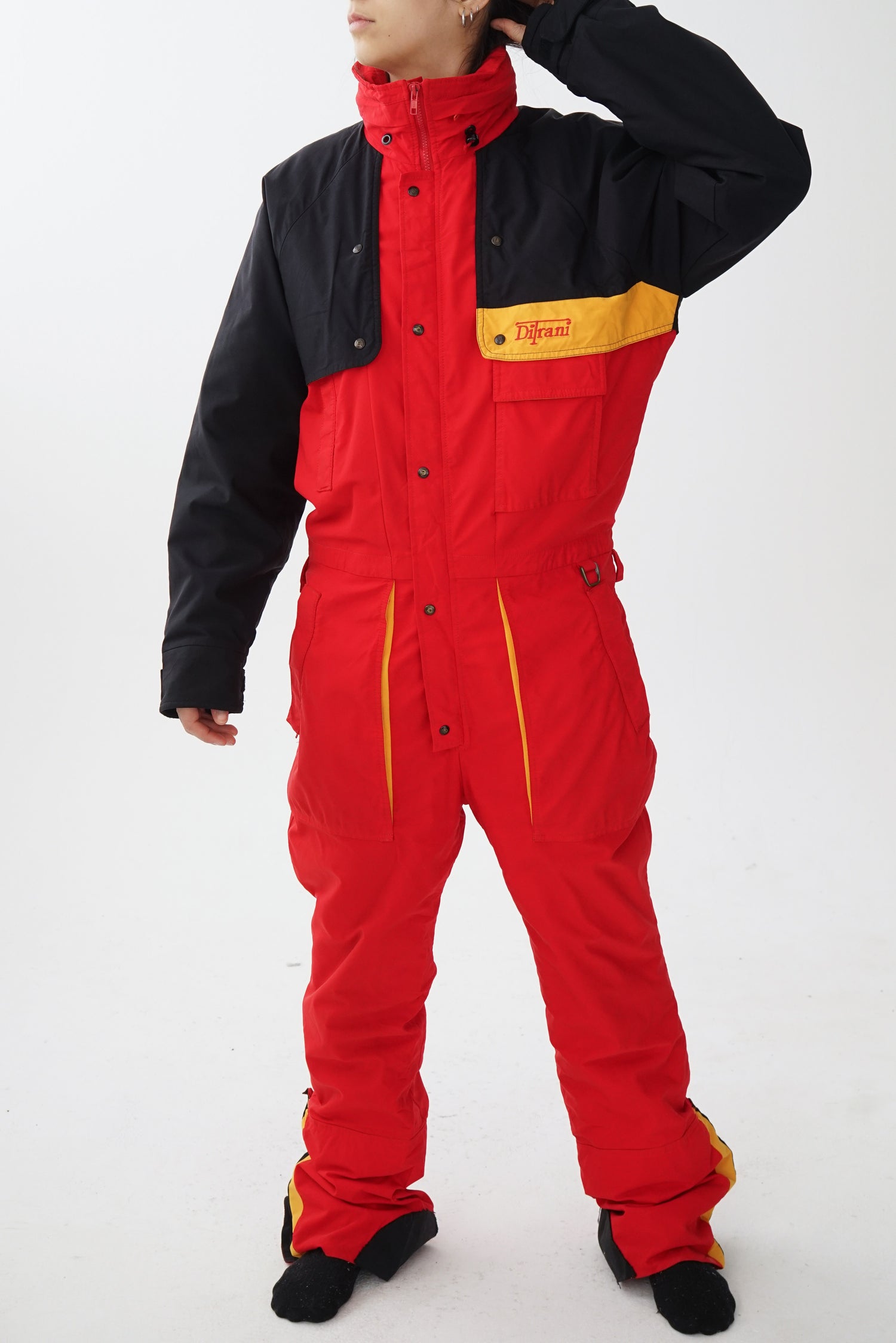 One piece ski suit snow suit Ditrani rouge avec accents jaunes et noirs pour homme taille M-L