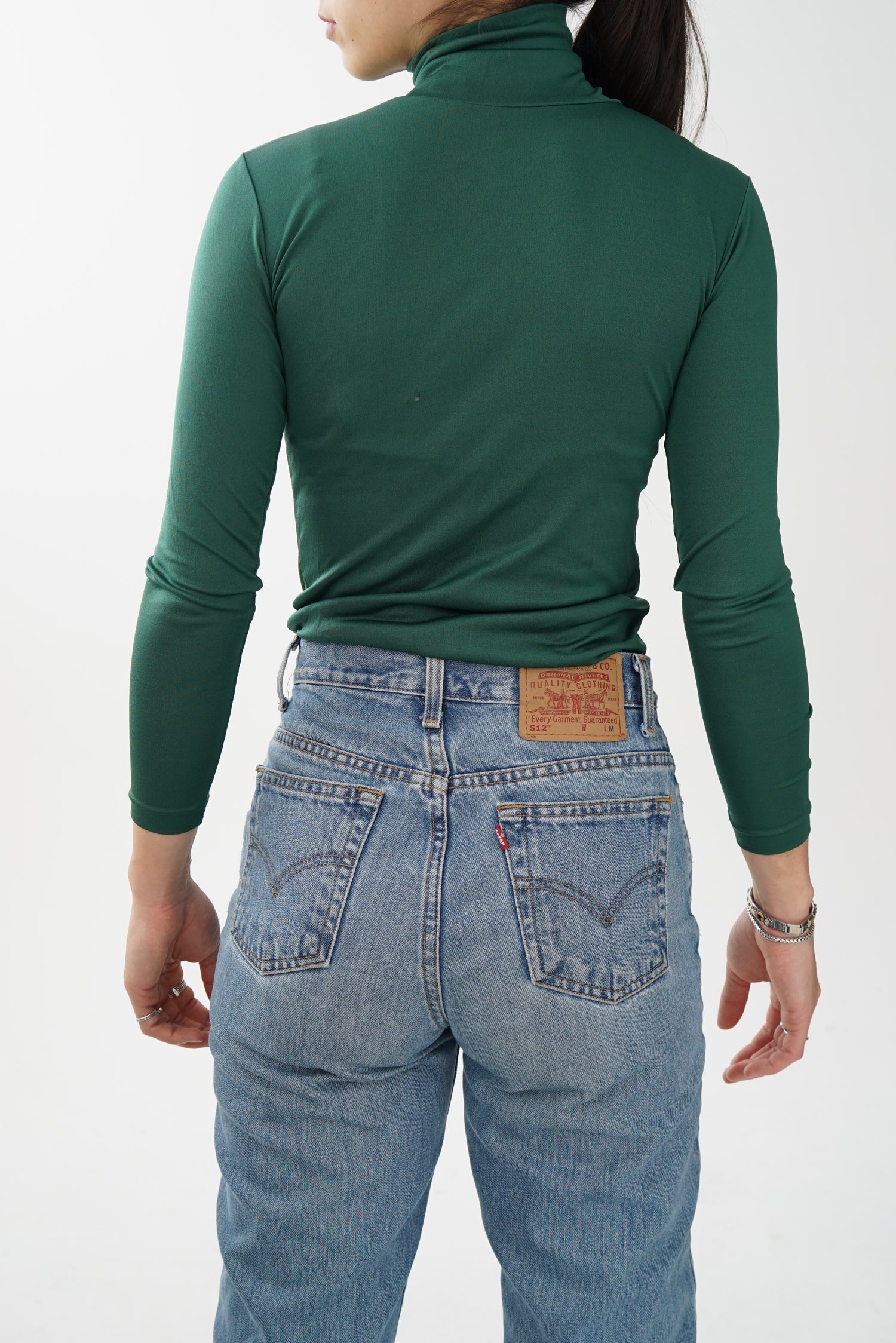 Col roulé près du corps vintage 70s vert métallique pour femme taille XS-S