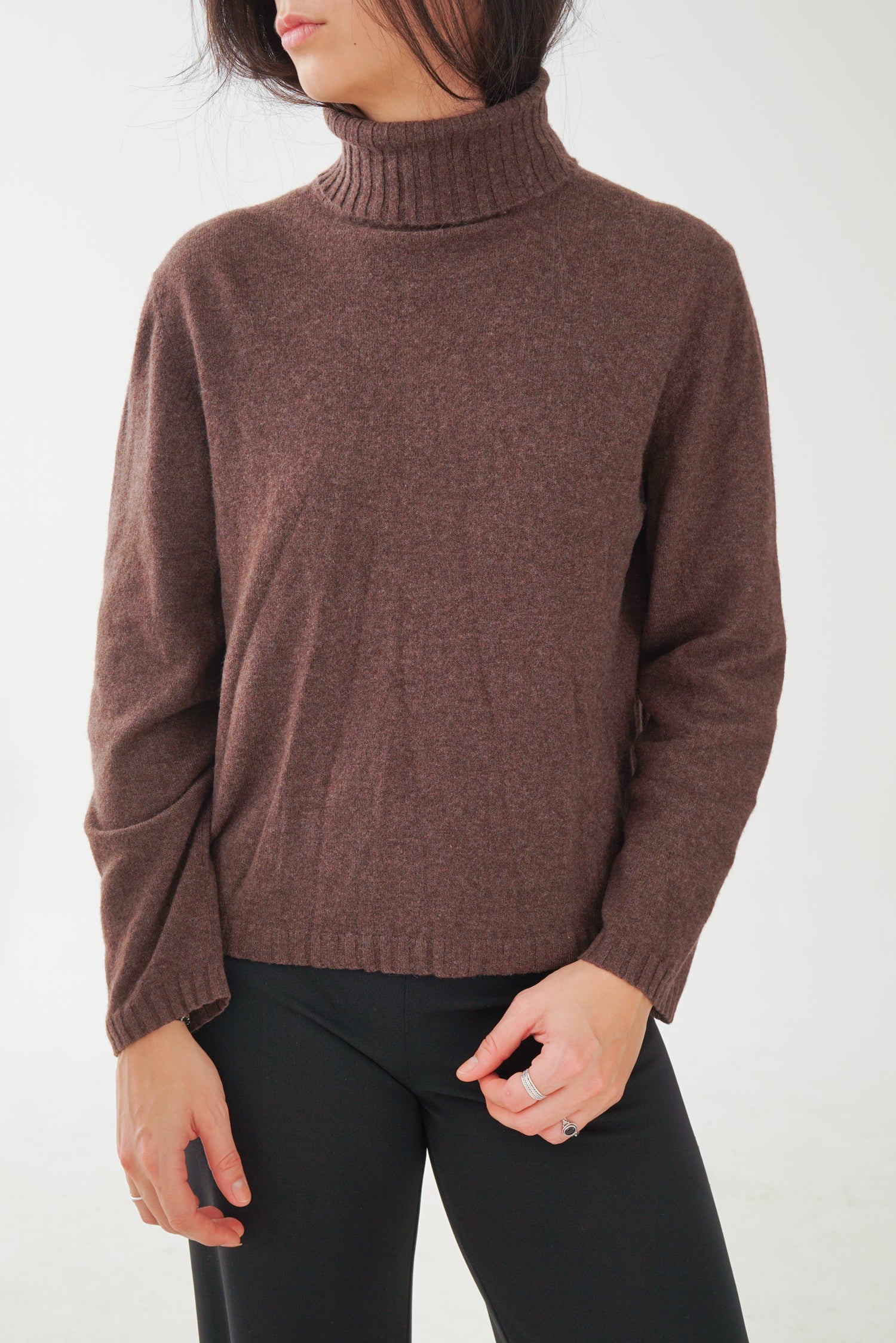 Chandail col roulé en cachemire vintage brun pour femme taille L