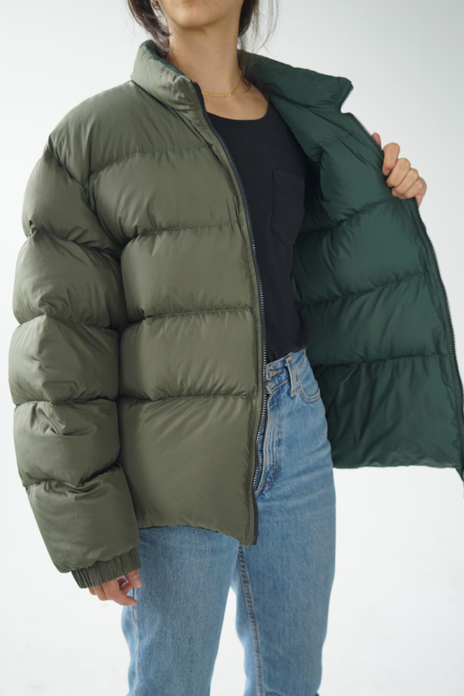 Puffer réversible en duvet kaki/vert