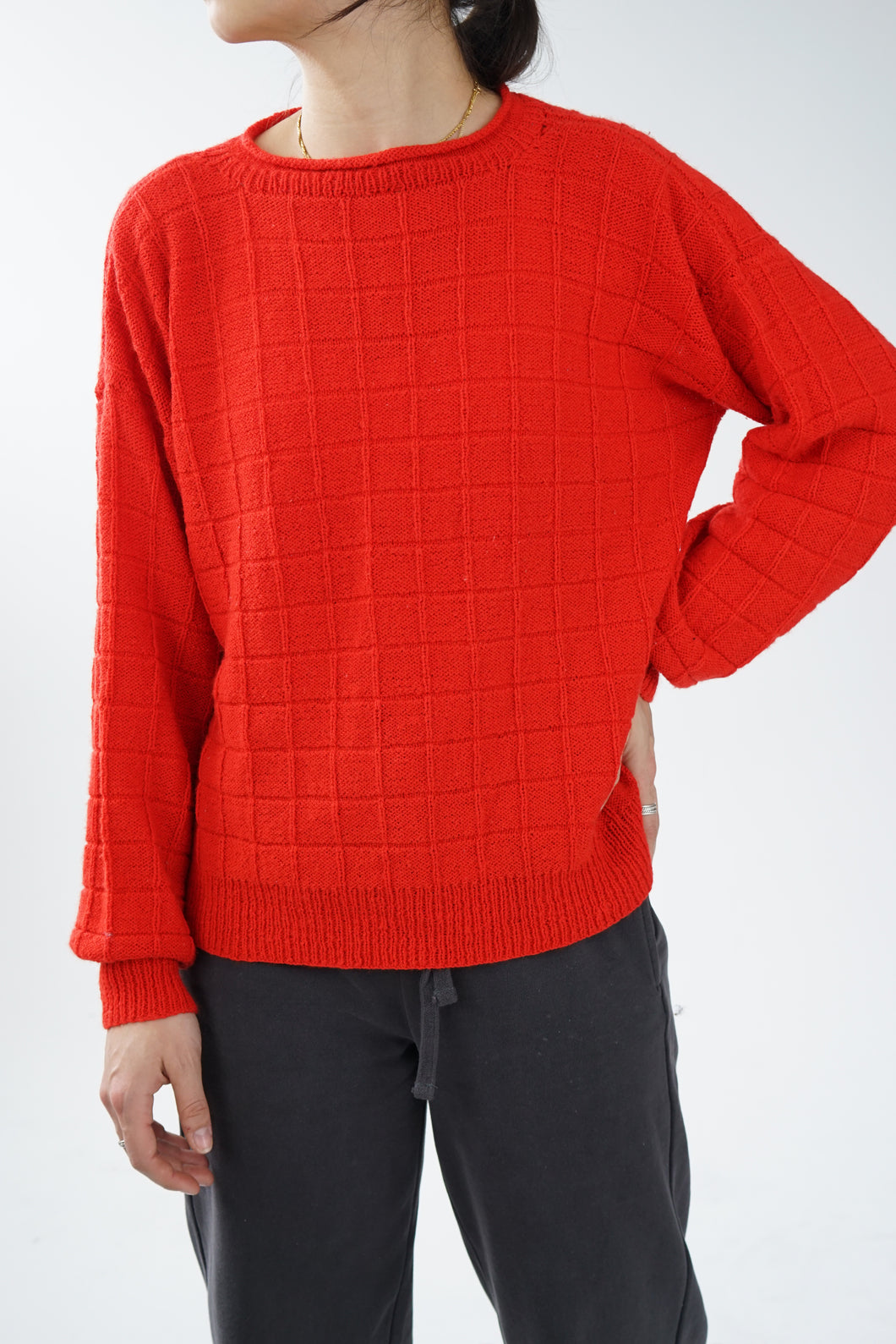 Handmade red knit sweater for women size S