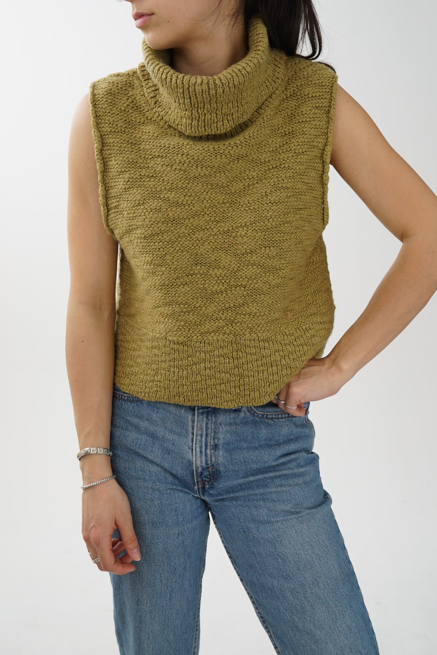 Tricot vintage à col roulé ample sans manche vert kaki pour femme taille O/S
