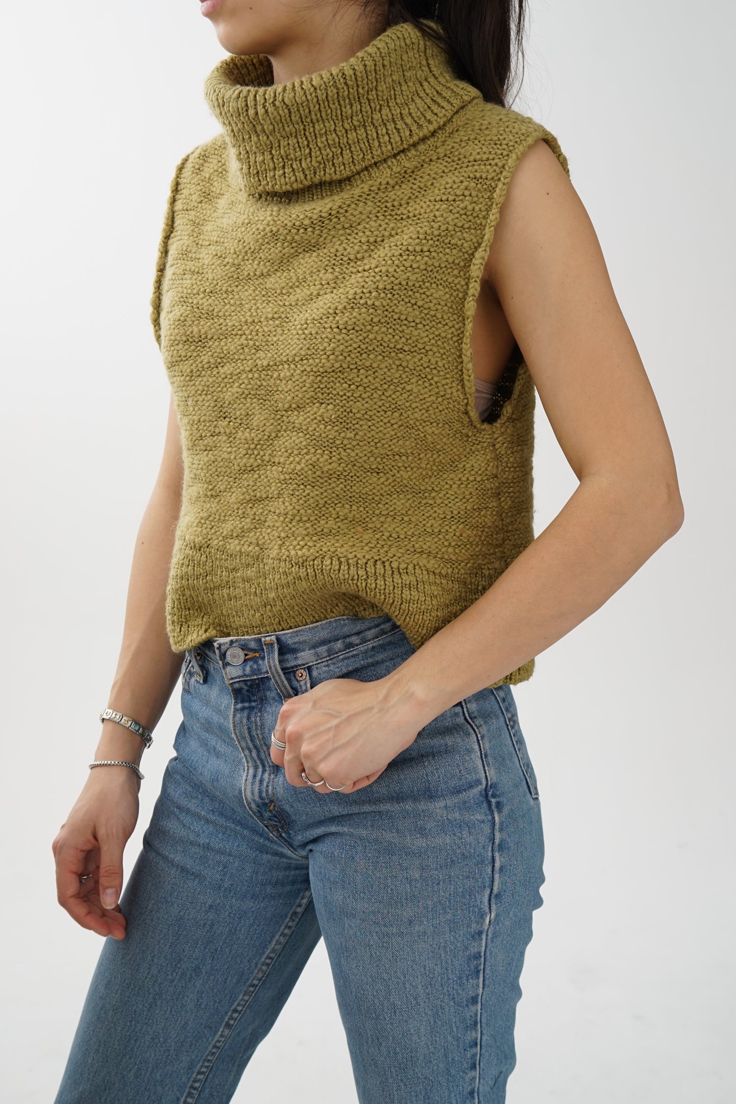 Tricot vintage à col roulé ample sans manche vert kaki pour femme taille O/S