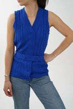 Charger l&#39;image dans la galerie, Veste cardigan tressée vintage bleue royale avec ceinture pour femme taille S-M
