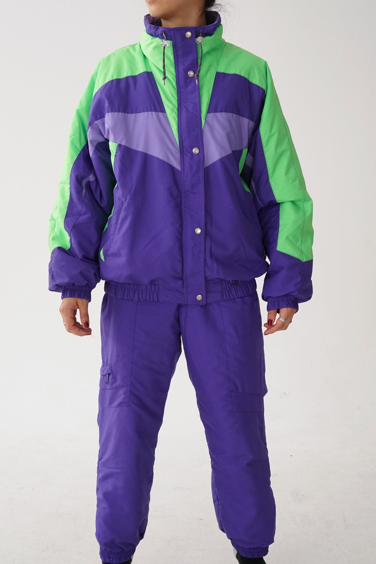 Habit de ski deux pièces Etirel, snow suit vintage mauve et vert fluo unisexe taille 12 (S)
