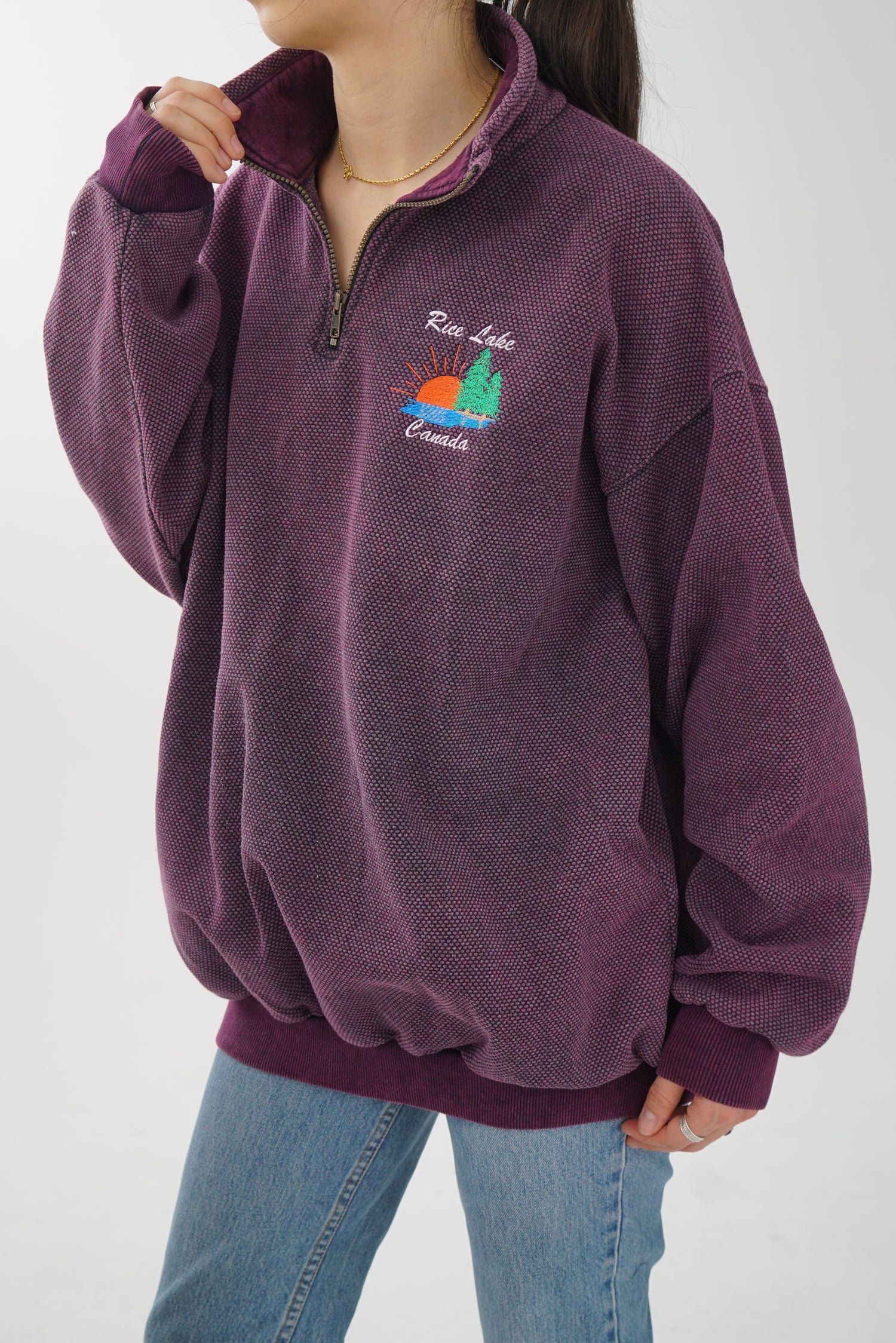 Chandail vintage half zip Rice Lake Canada bourgogne unisex taille L