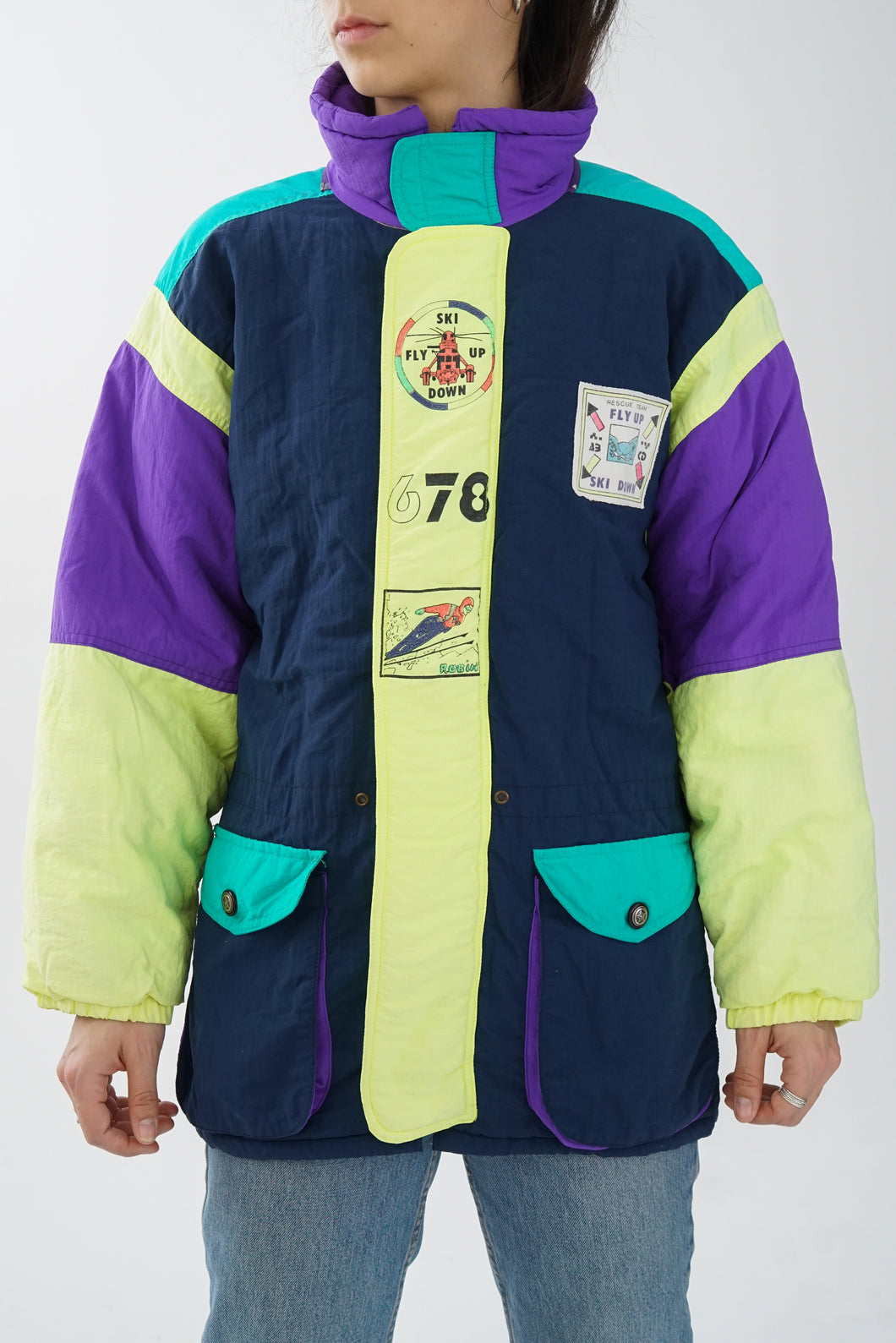 Manteau léger rétro ski Robin bleu et jaune fluo unisex taille S-M