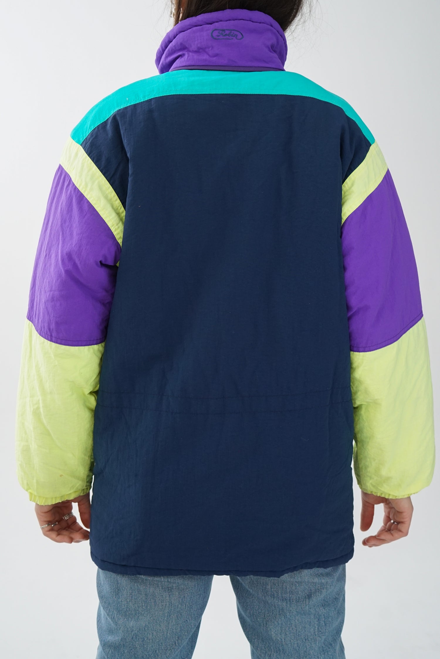 Manteau léger rétro ski Robin bleu et jaune fluo unisex taille S-M