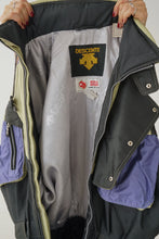 Load image into Gallery viewer, One piece vintage Descente ski suit, snow suit métallique gris, bleu et vert pâle pour homme taille XL

