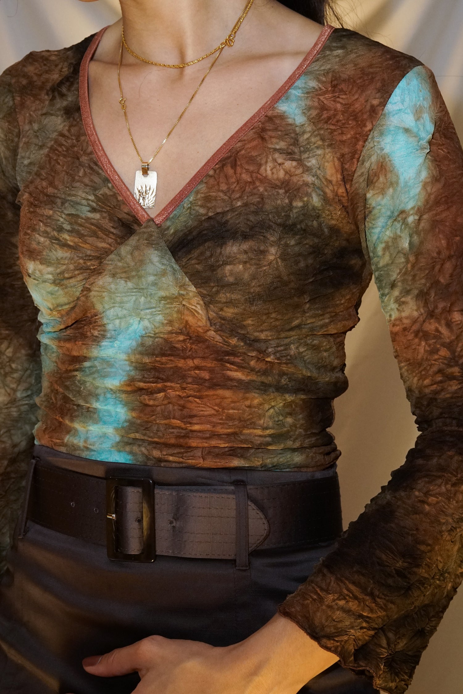 Chandail vintage 90s froissé Le Château brun et turquoise taille M