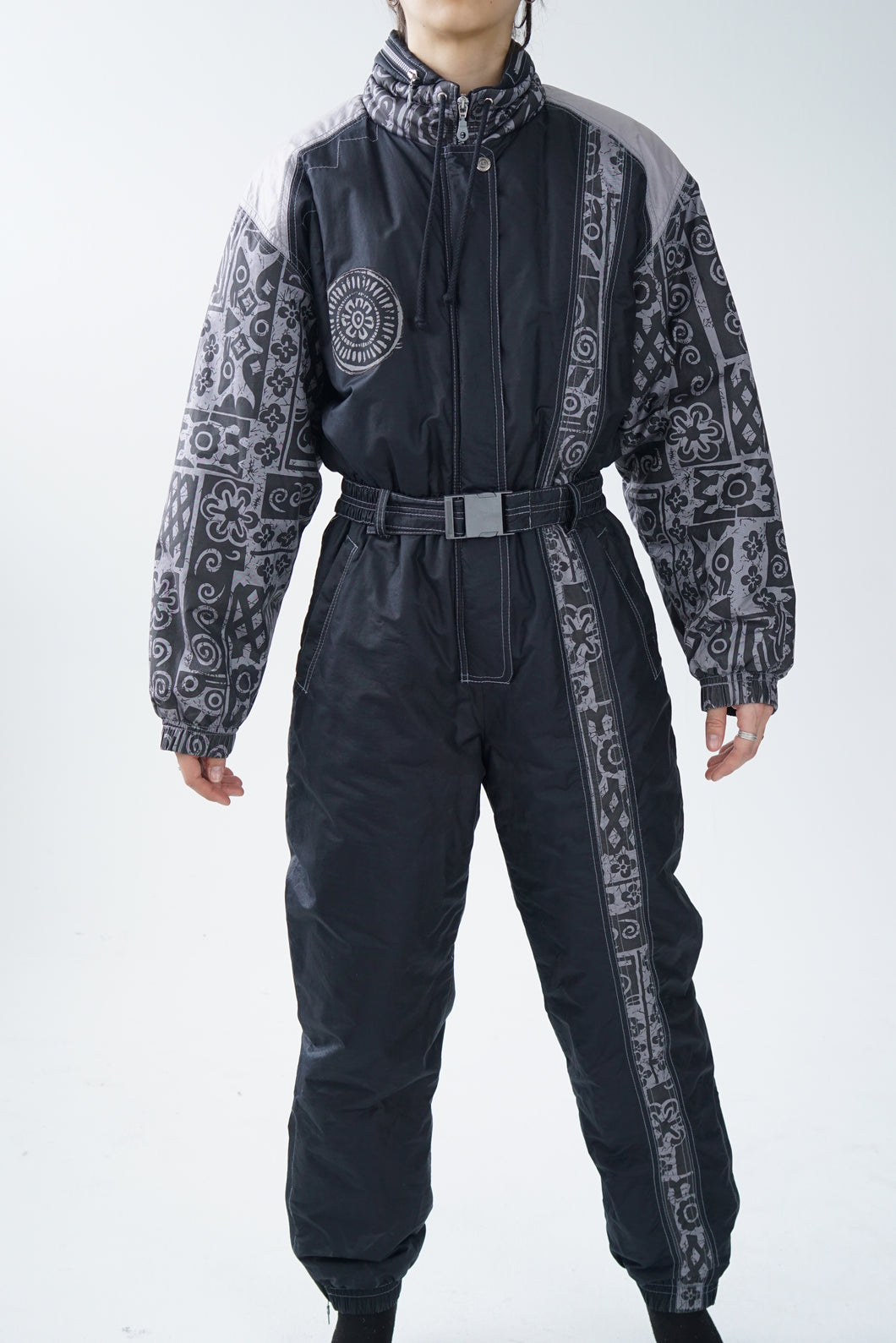 Vintage one piece AD Collection ski suit, black and grey snow suit unisex size M