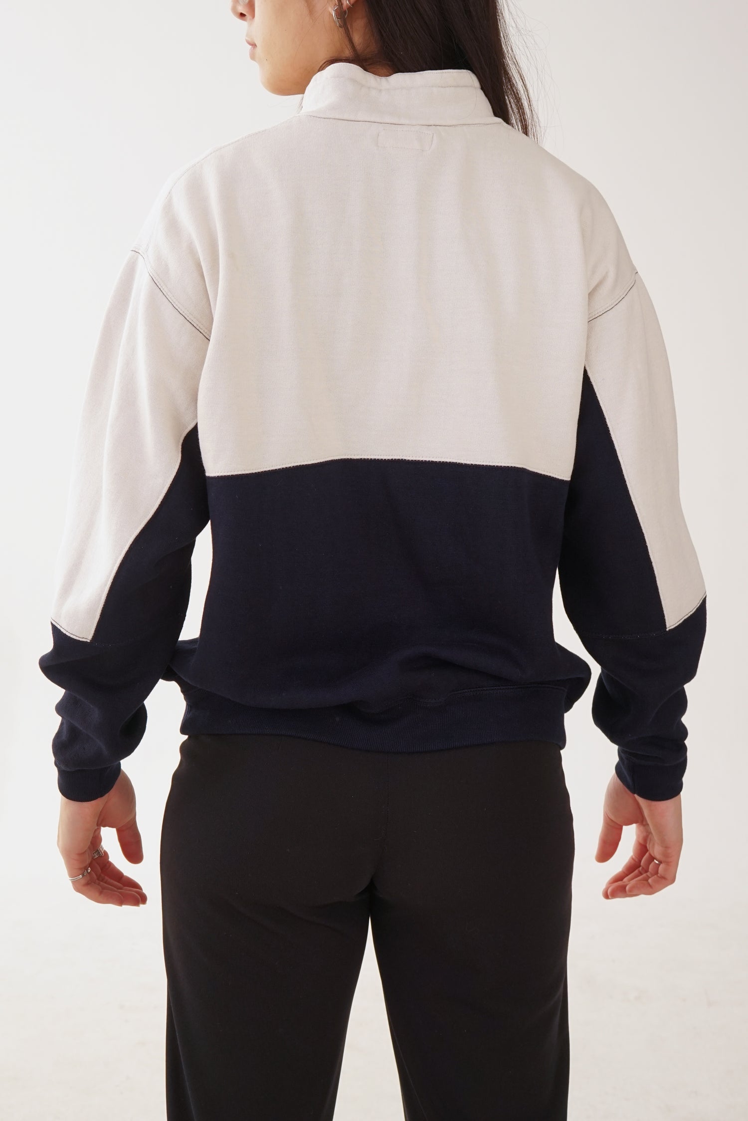 Chandail/veste à manches longues doux avec col et fermeture éclair Campus blanc crème avec bleu marin unisexe taille M