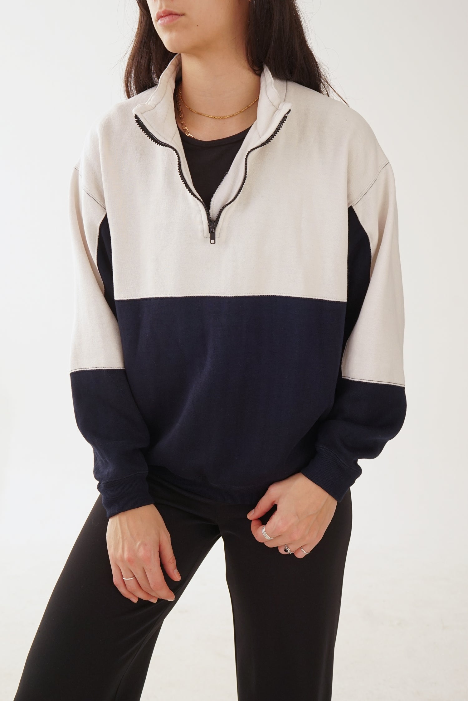 Chandail/veste à manches longues doux avec col et fermeture éclair Campus blanc crème avec bleu marin unisexe taille M