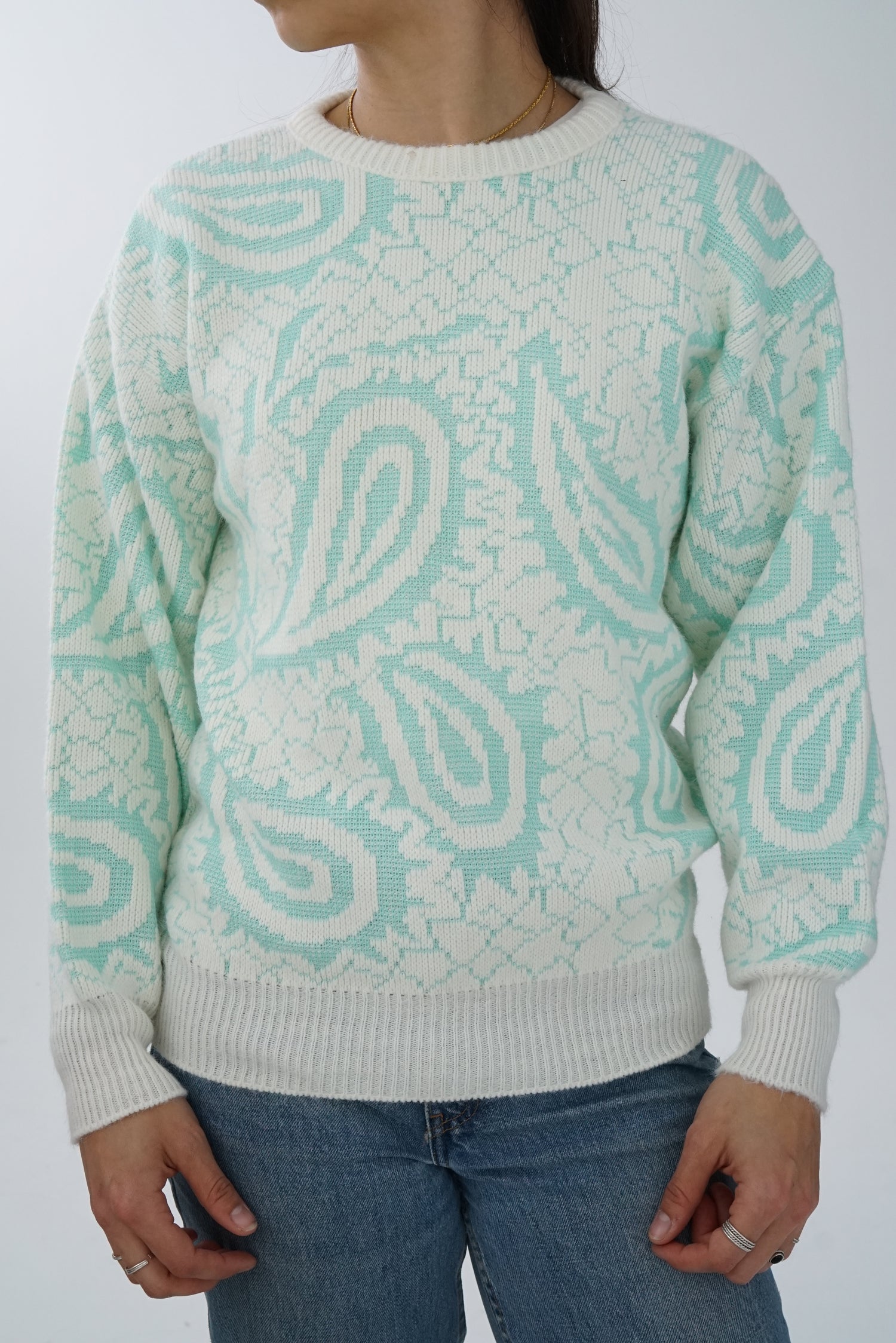 Chandail vintage Sears blanc et turquoise unisex taille S