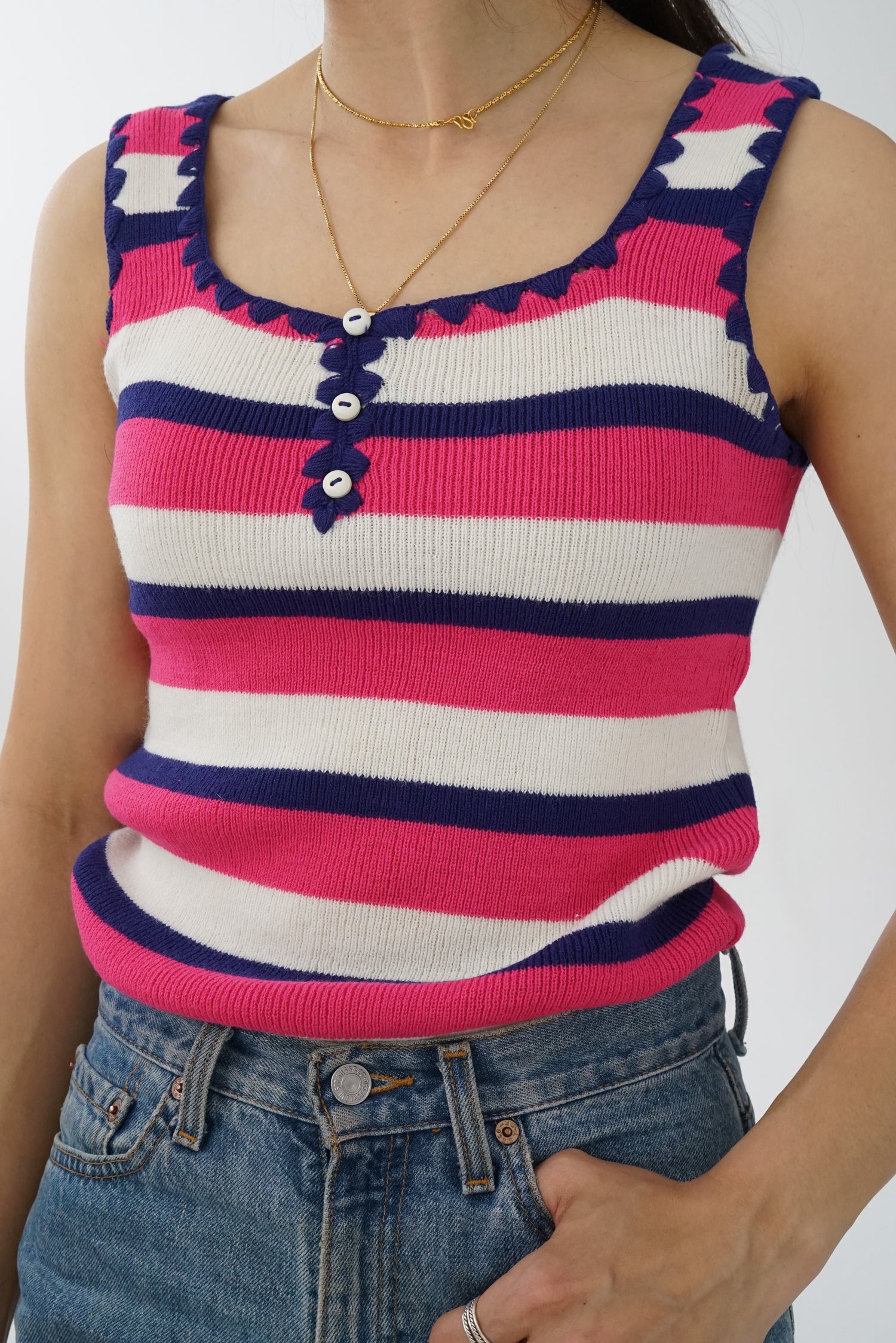 Camisole vintage rose, blanc et mauve à boutons taille M