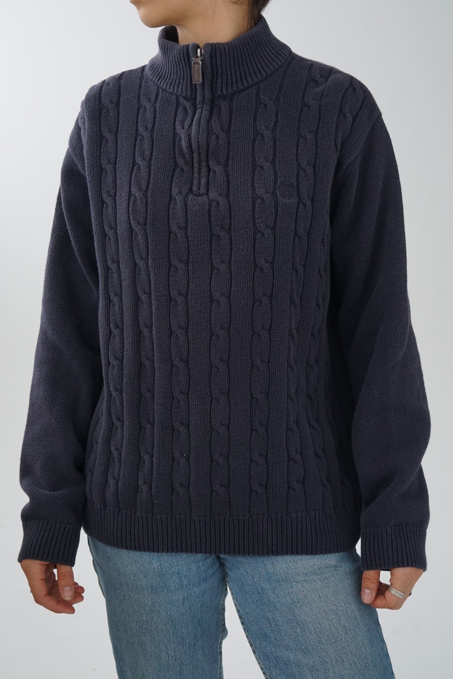 Chandail tressé bleu marin half zip Chaps unisex taille M