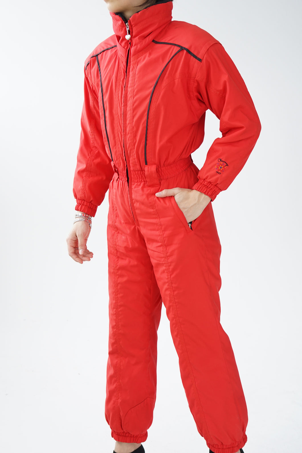 One piece vintage Obermeyer ski suit, snow suit rouge pour petite femme taille 6
