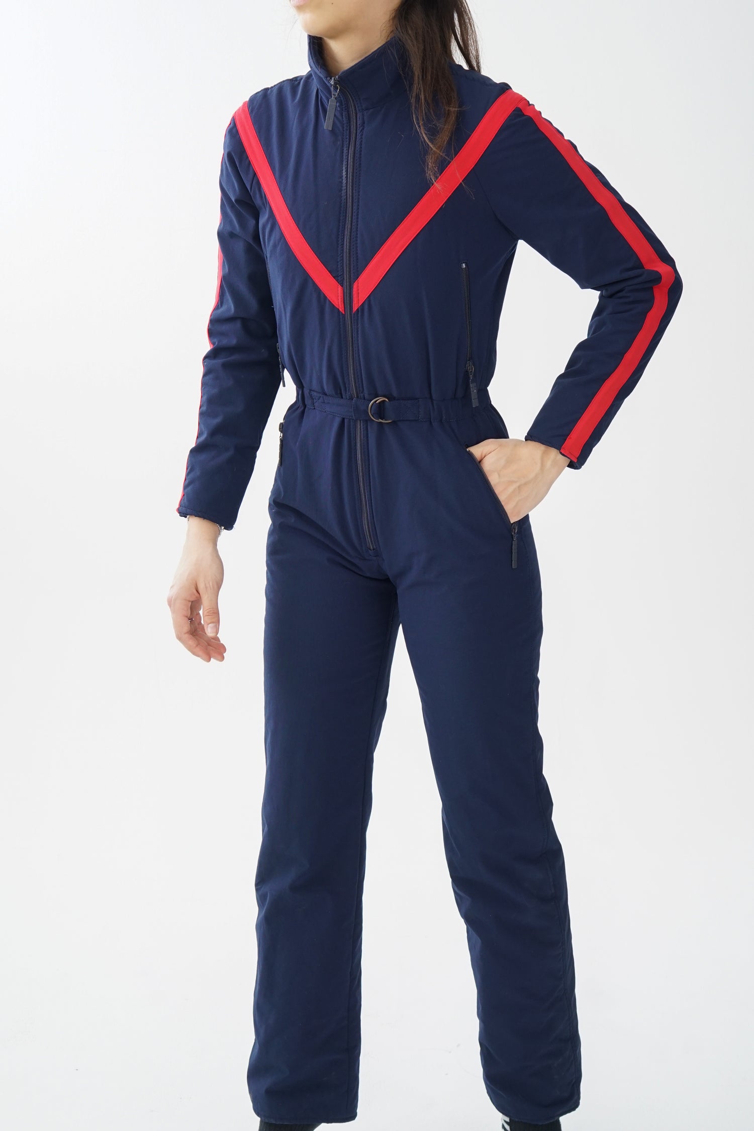 Super rare one piece vintage Henri Charles Colsenet ski suit, snow suit 70s bleu à lignes rouges du designer Suisse taille 40 (S)