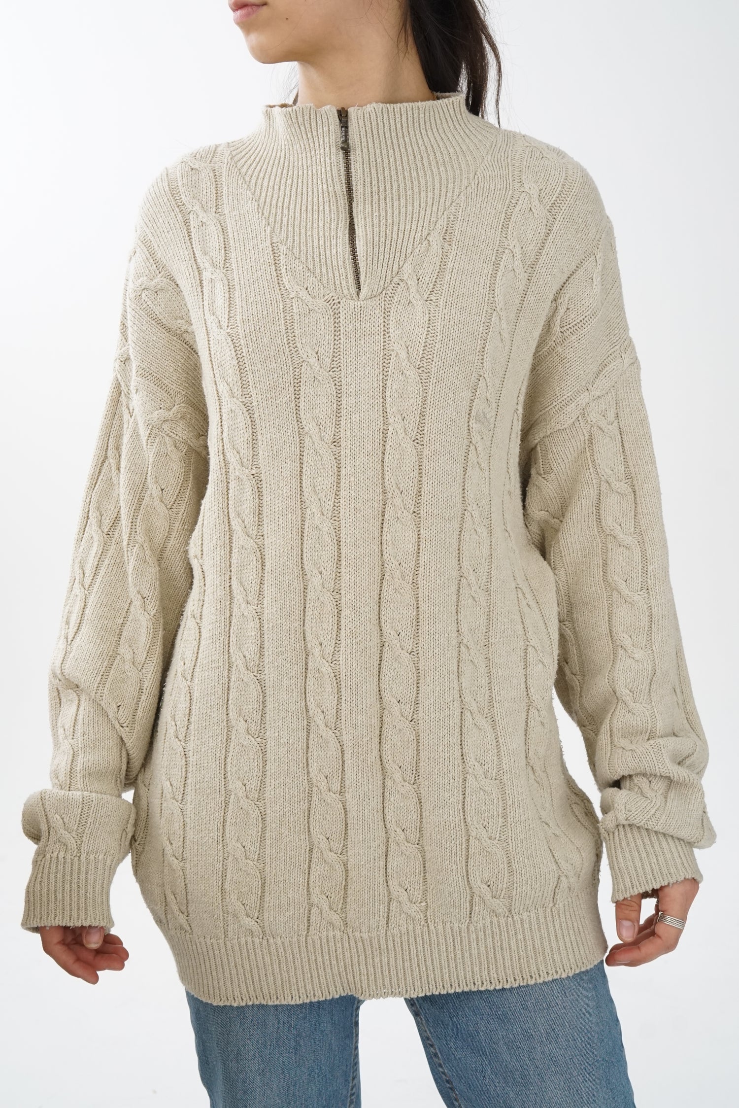 Chandail tressé beige half zip Old River pour homme taille L