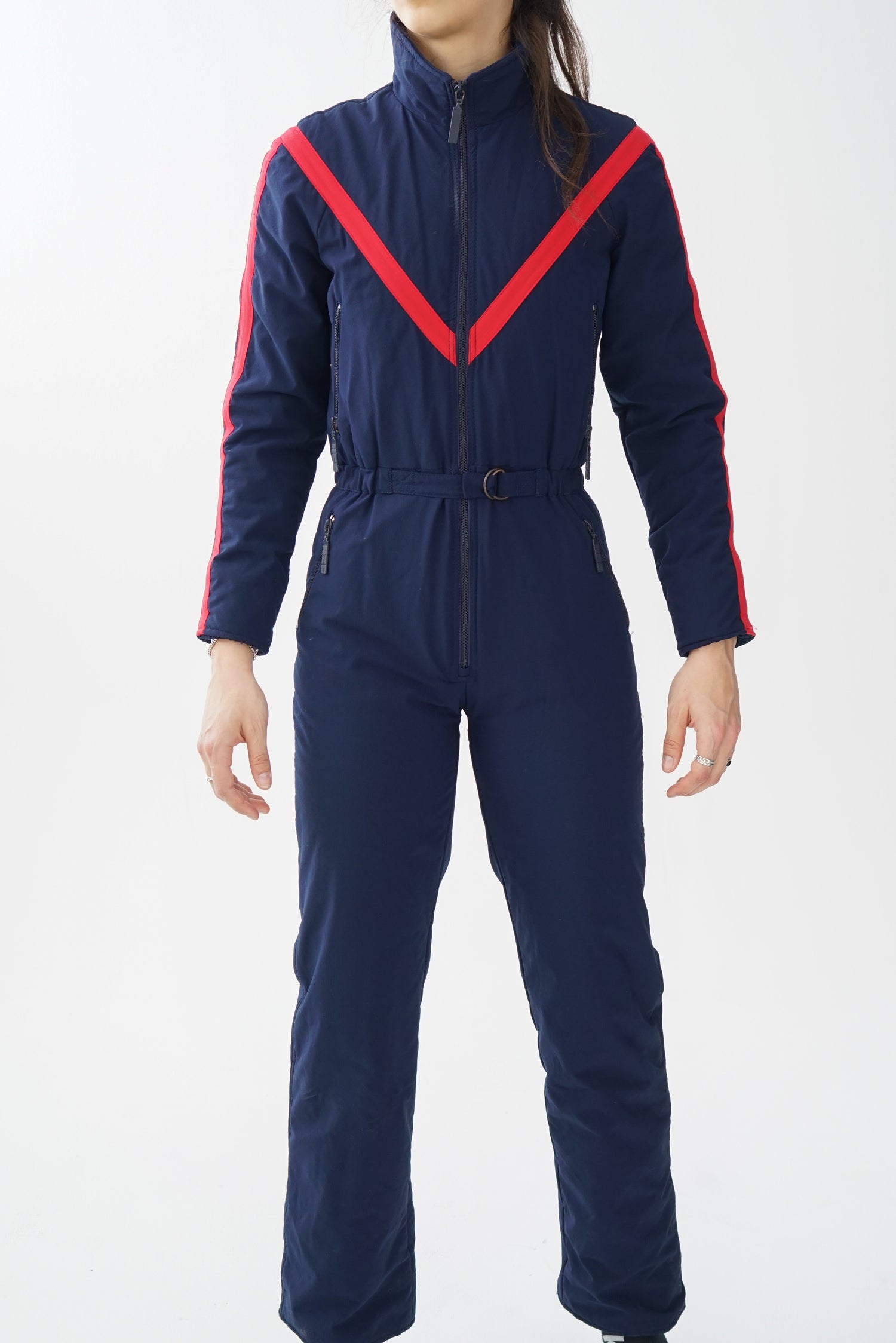 Super rare one piece vintage Henri Charles Colsenet ski suit, snow suit 70s bleu à lignes rouges du designer Suisse taille 40 (S)