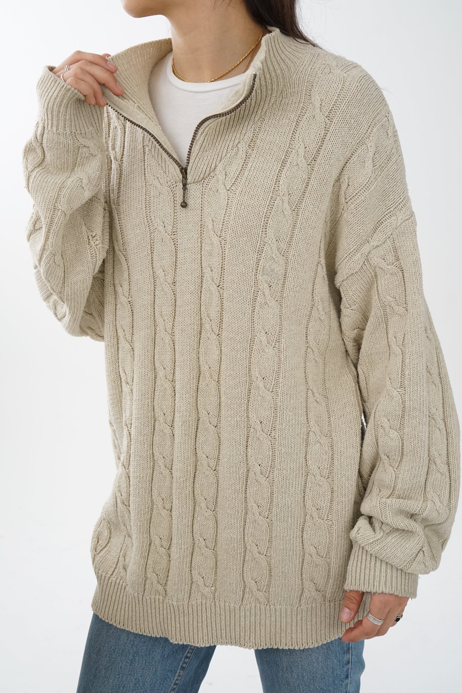 Chandail tressé beige half zip Old River pour homme taille L
