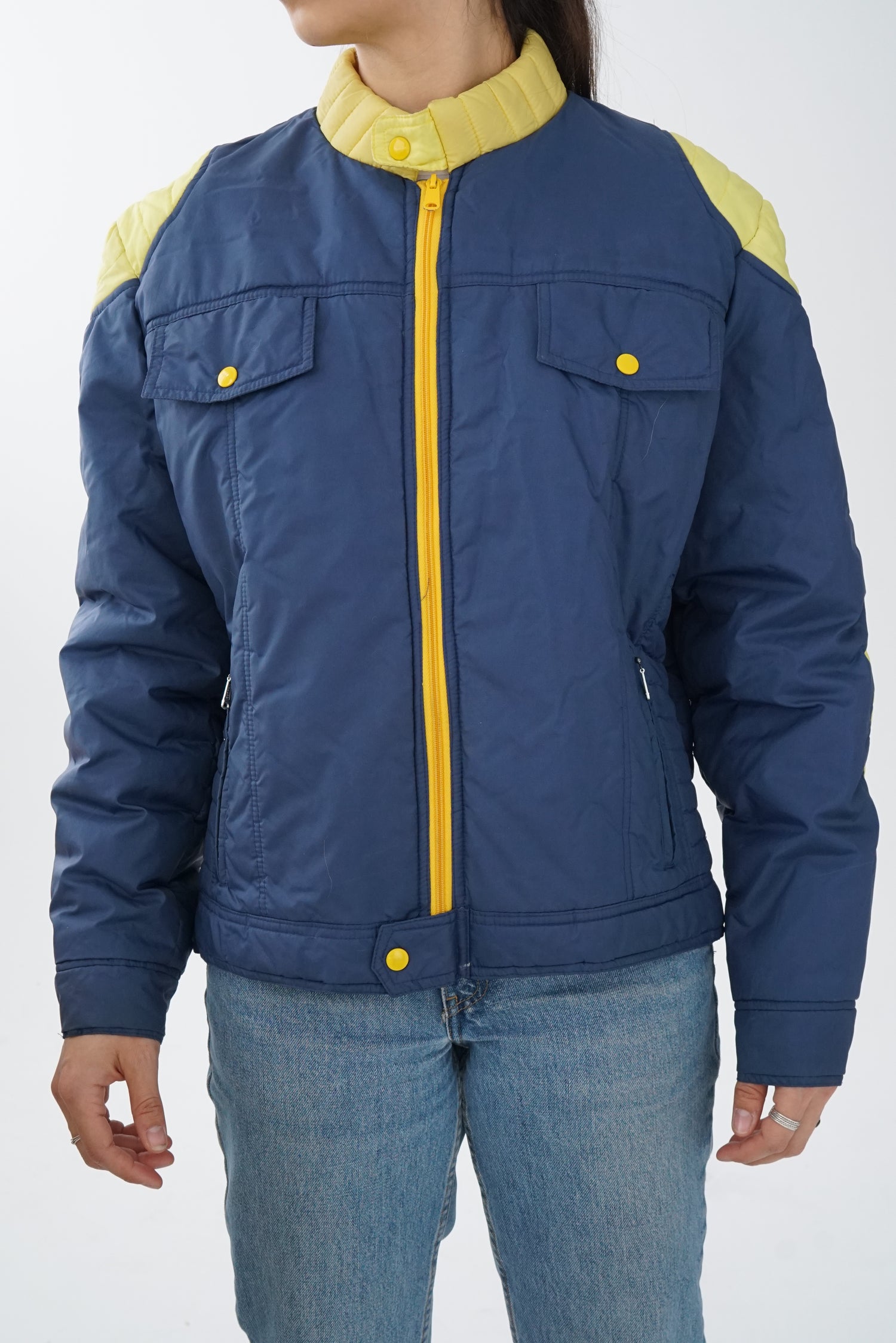 Manteau léger vintage 70s Ski Down bleu et jaune unisex M-L