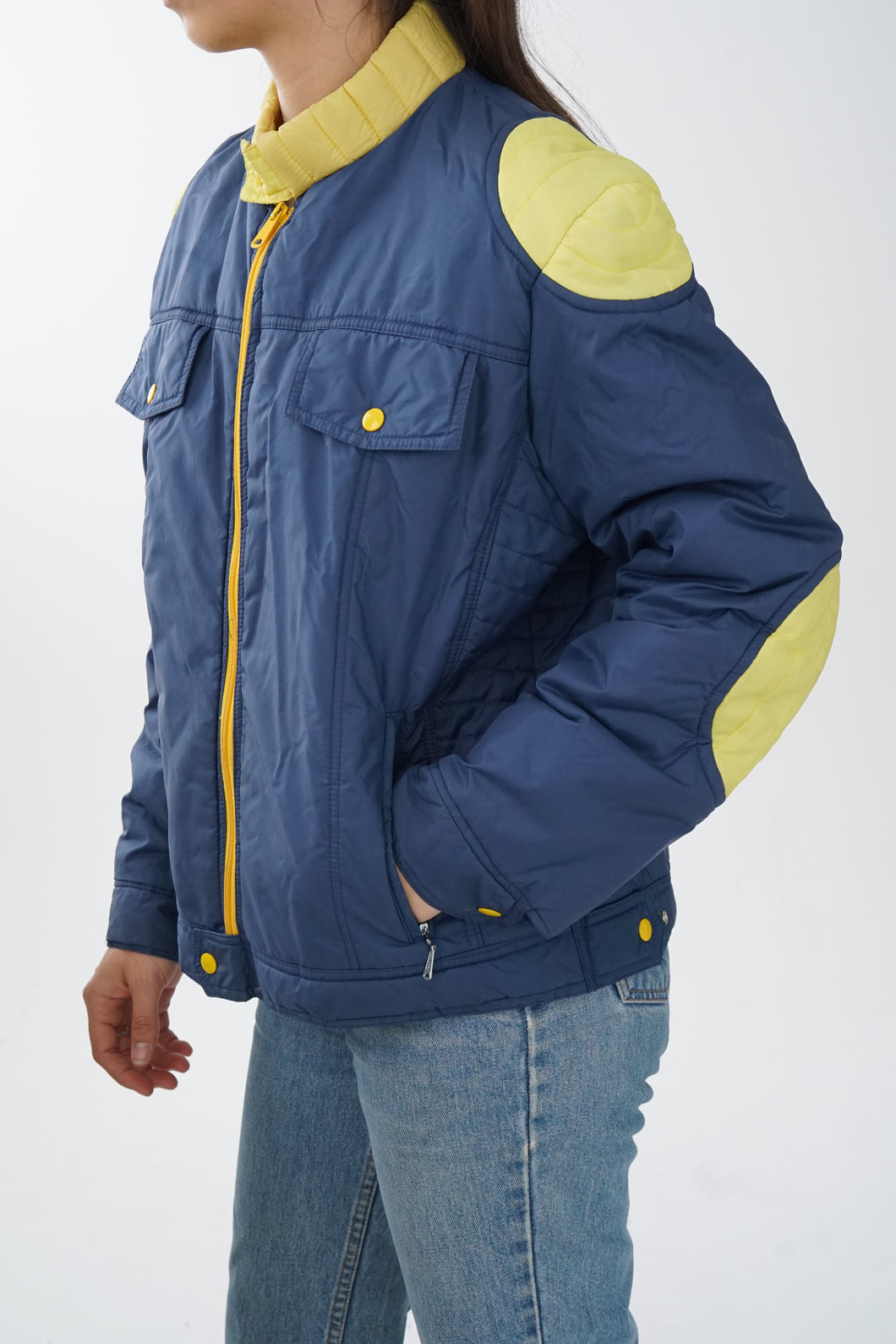 Manteau léger vintage 70s Ski Down bleu et jaune unisex M-L