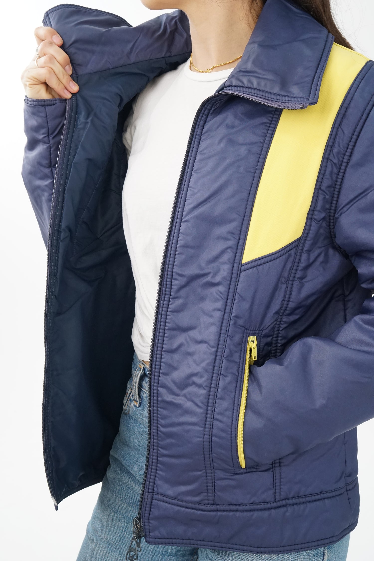 Manteau léger vintage 70s Pedigree du Canada bleu et jaune unisex M-L