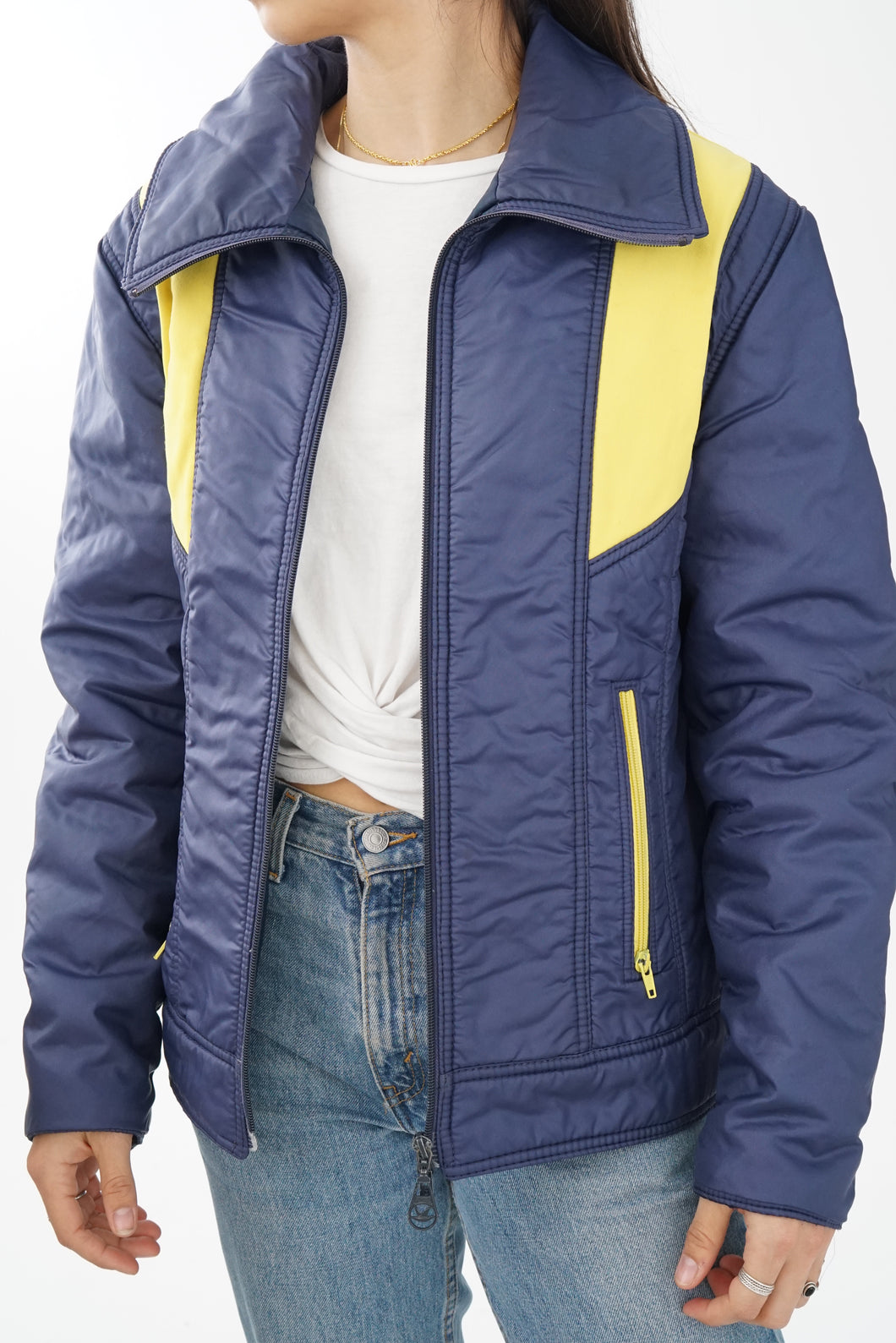 Manteau léger vintage 70s Pedigree du Canada bleu et jaune unisex M-L
