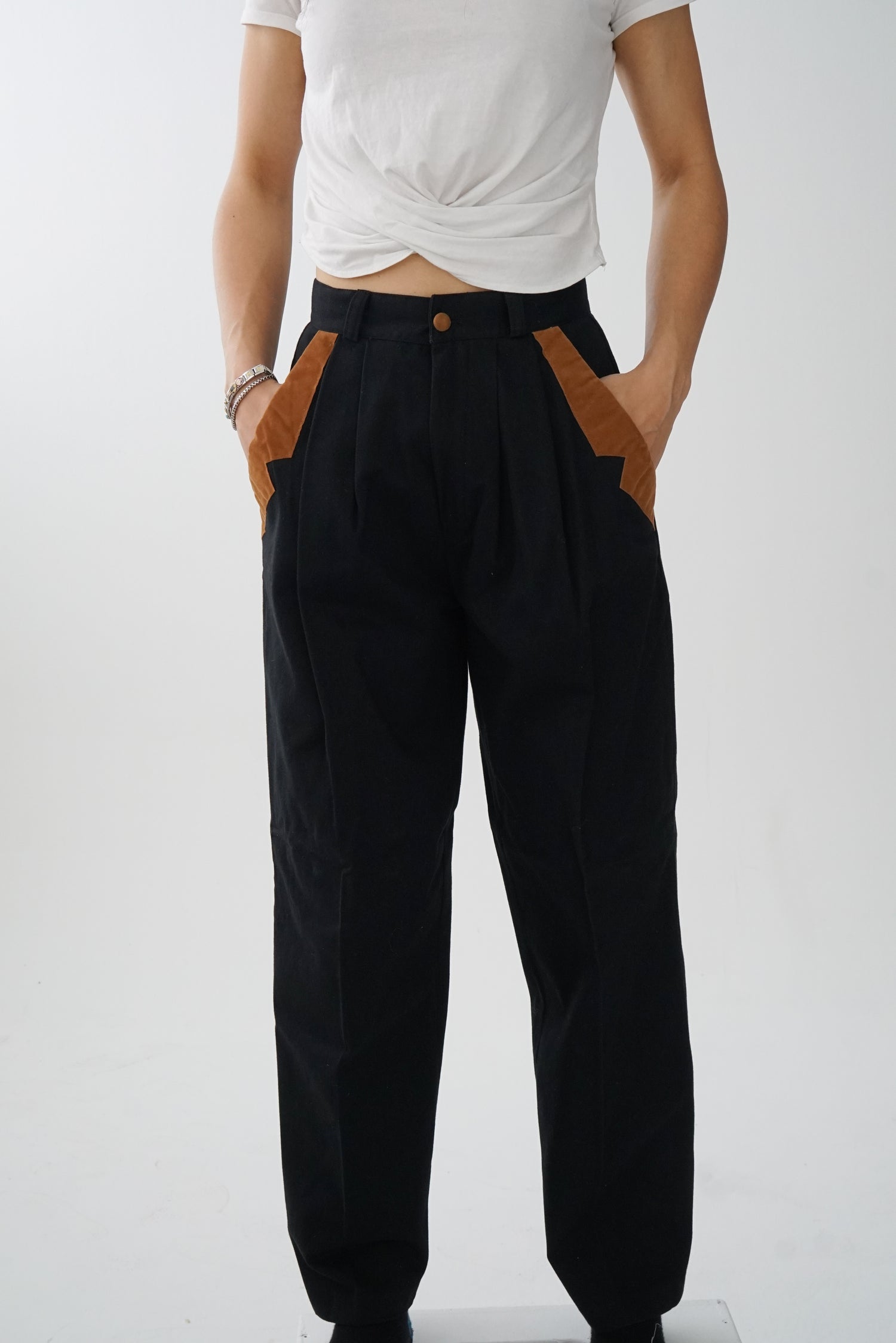 Pants classique noir vintage avec poche en suede pour femme taille 7/8(S)