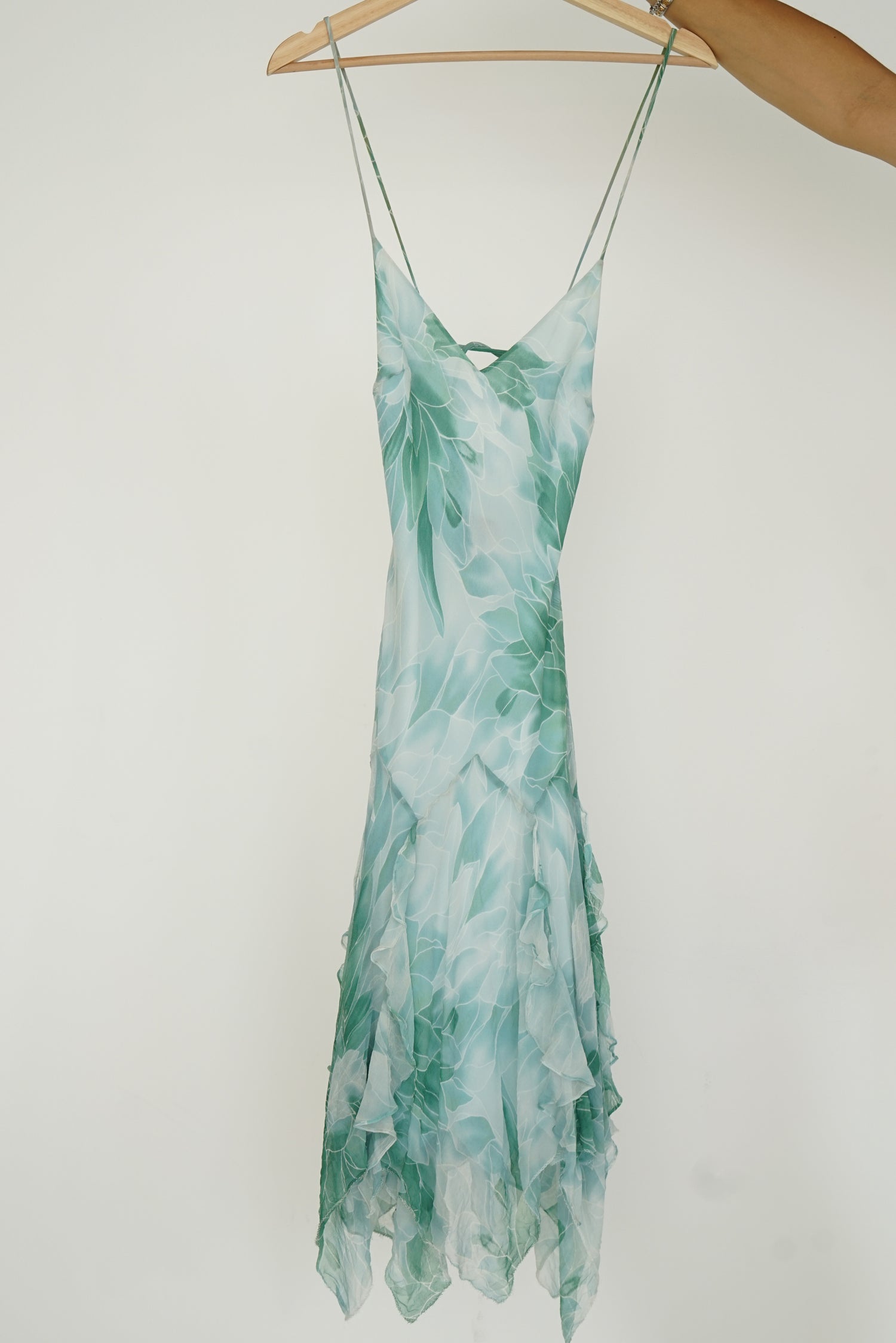 Robe en soie BCBG verte et turquoise taille 6 (S-M)