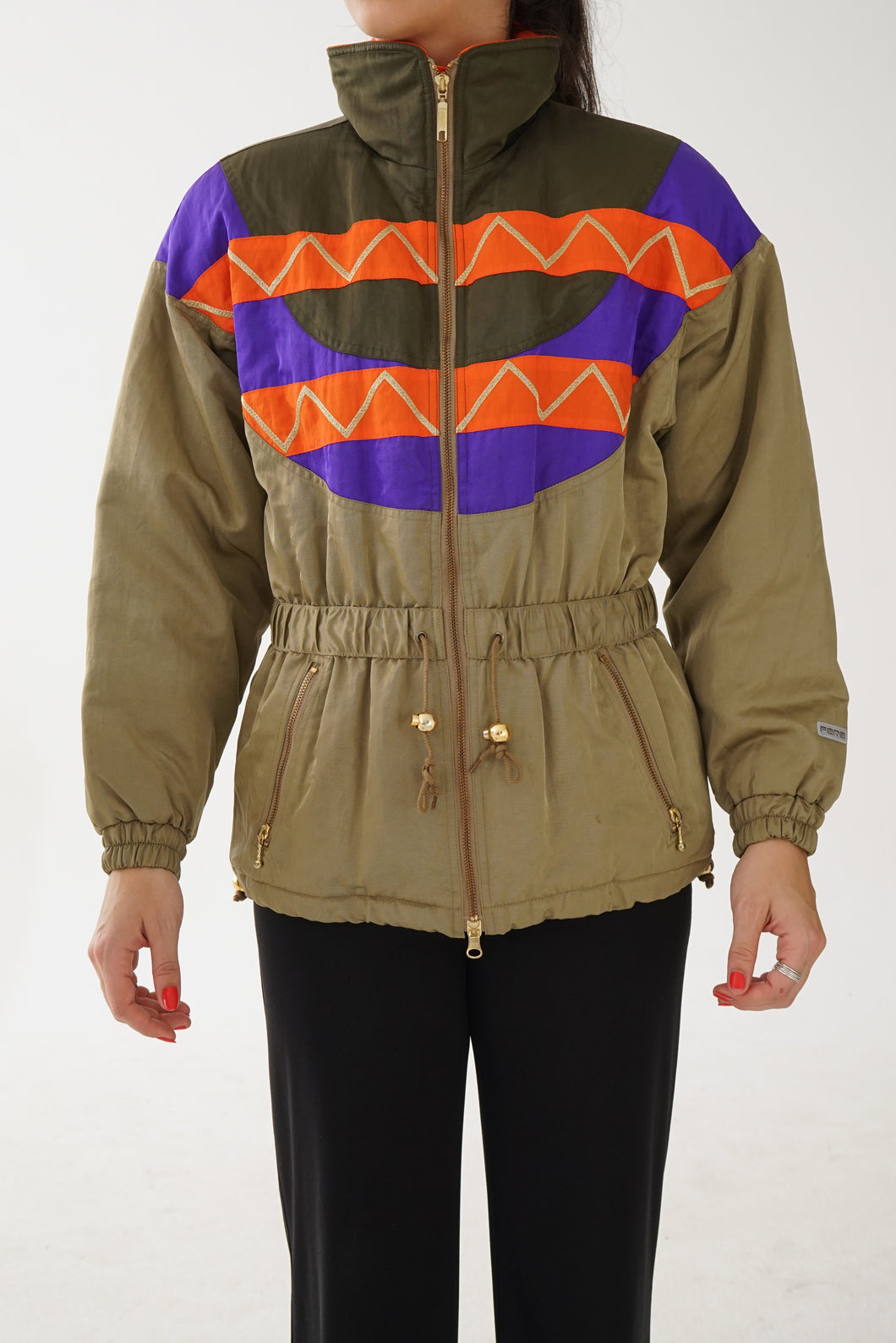 Manteau rétro Fera kaki avec motifs orange, mauve et or pour femme taille 6 (S)