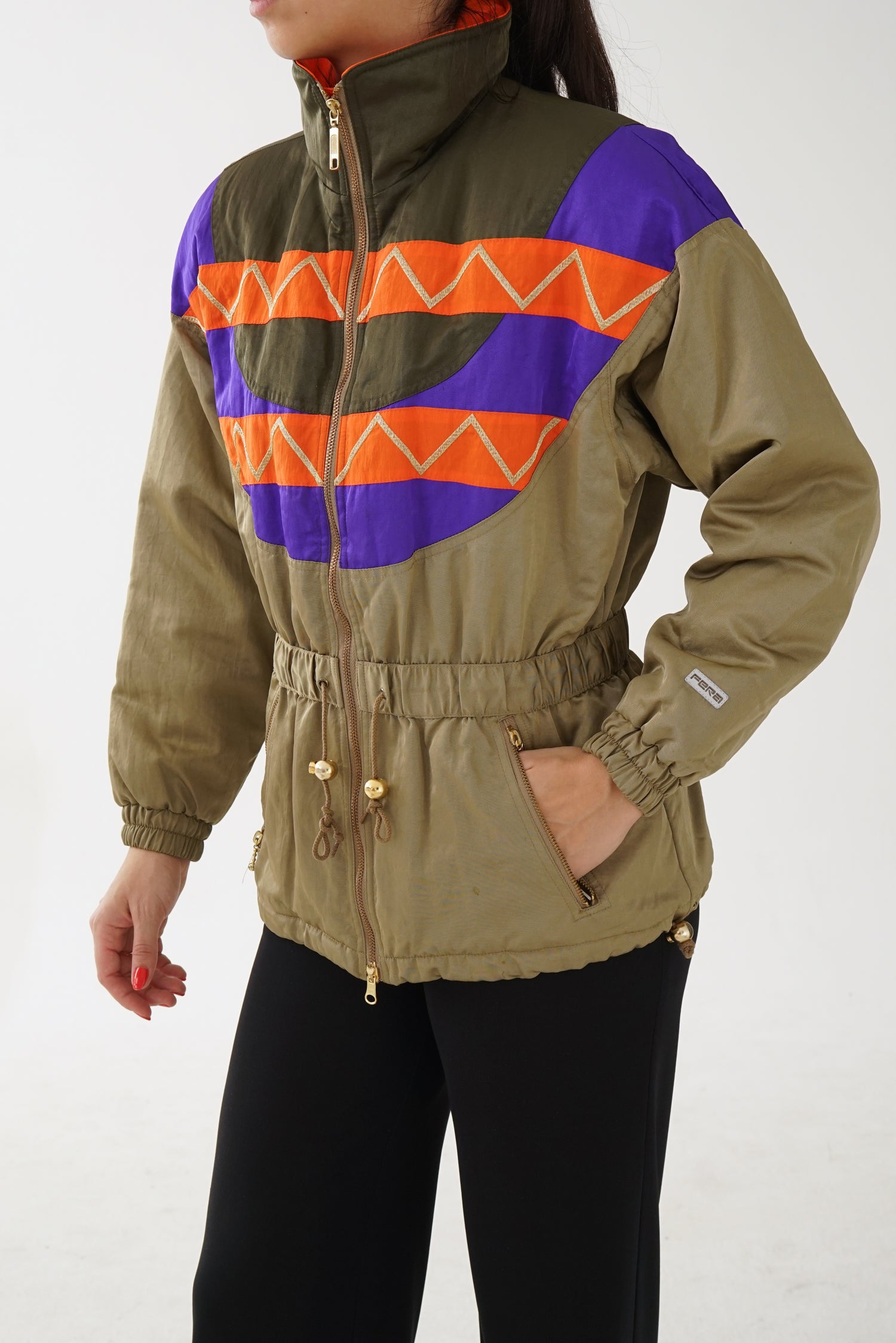 Manteau rétro Fera kaki avec motifs orange, mauve et or pour femme taille 6 (S)