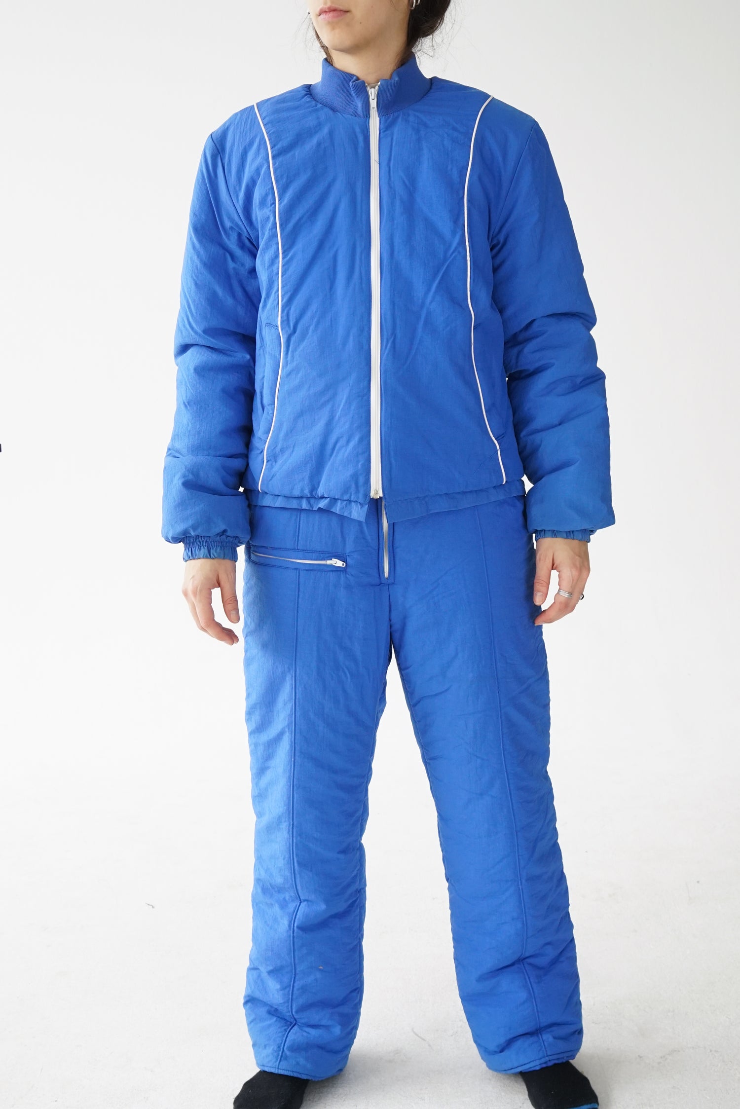 Deux pièce vintage 70s Chamonix bleu et lignes unisexe blanches taille M