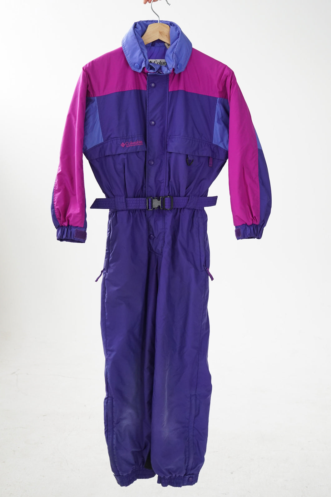 One piece retro ski suit Columbia, snow suit vintage pour enfant mauve rose taille 10/12ans