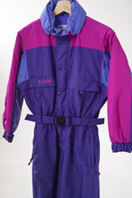 Charger l&#39;image dans la galerie, One piece retro ski suit Columbia, snow suit vintage pour enfant mauve rose taille 10/12ans
