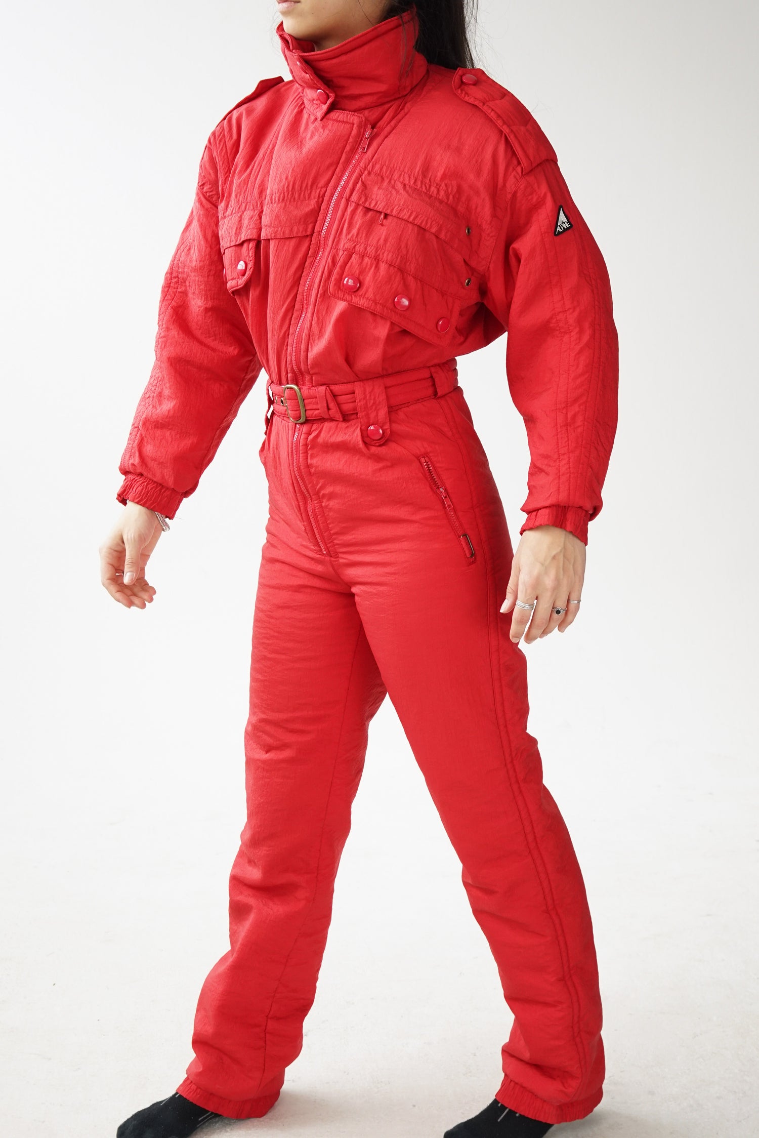 One piece ski suit Alpine rouge, snow suit vintage pour femme S