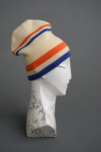 Load image into Gallery viewer, Vintage wool beanie white blue and orange

