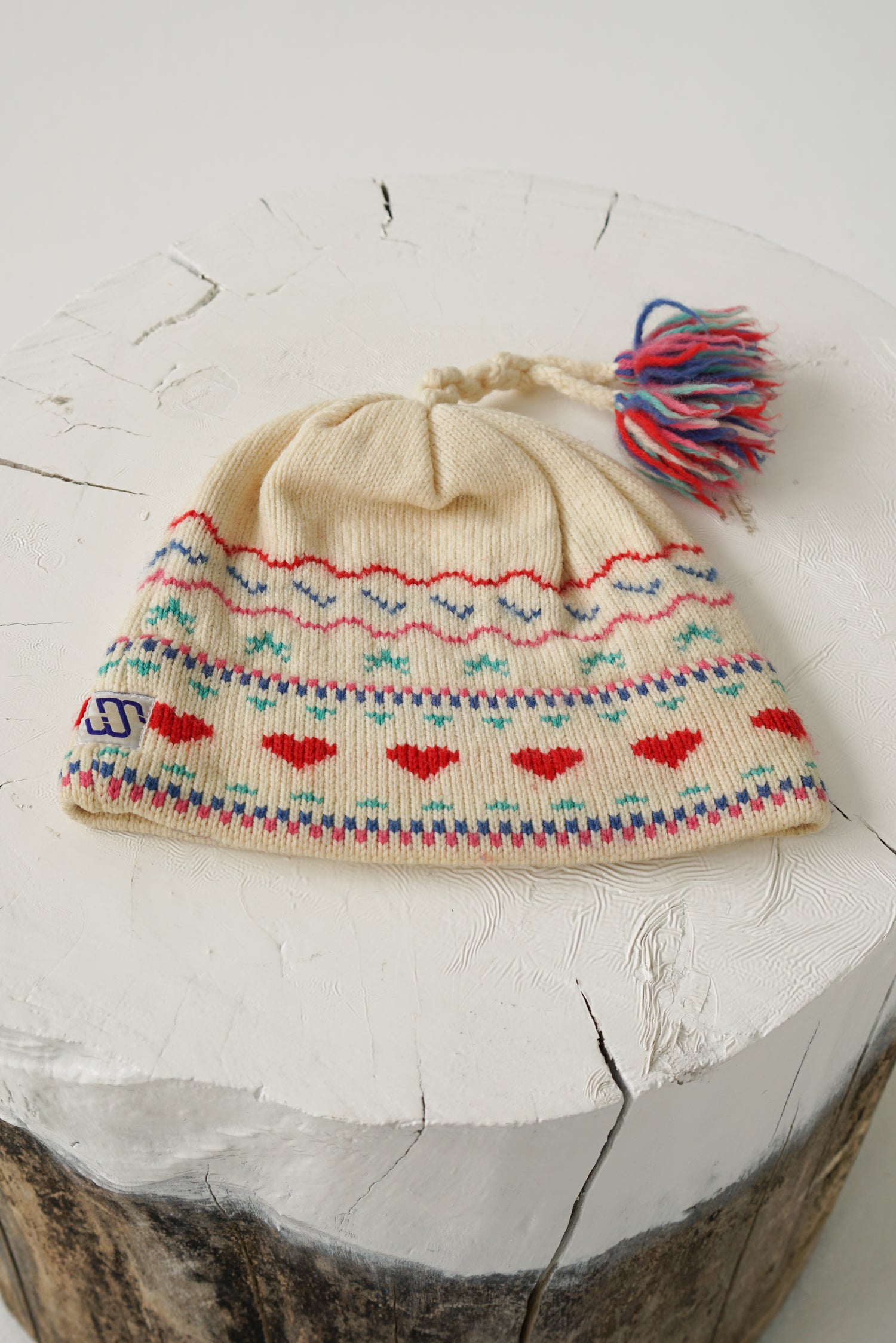 Vintage wool Murray Merkley beige beanie with pom-pom and patterns size S