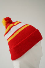 Load image into Gallery viewer, Red with white and yellow stripes beanie with pom-pom size S-M
